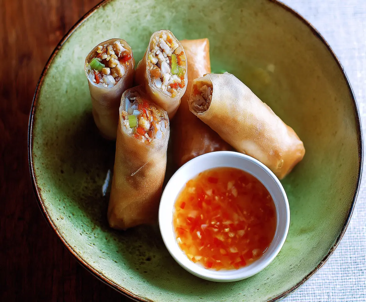 Delicious Thai chicken spring rolls served with sweet chili sauce, perfect for a flavorful appetizer.