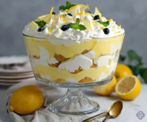 Delicious vanilla lemon trifle layered with creamy custard and fresh lemon slices