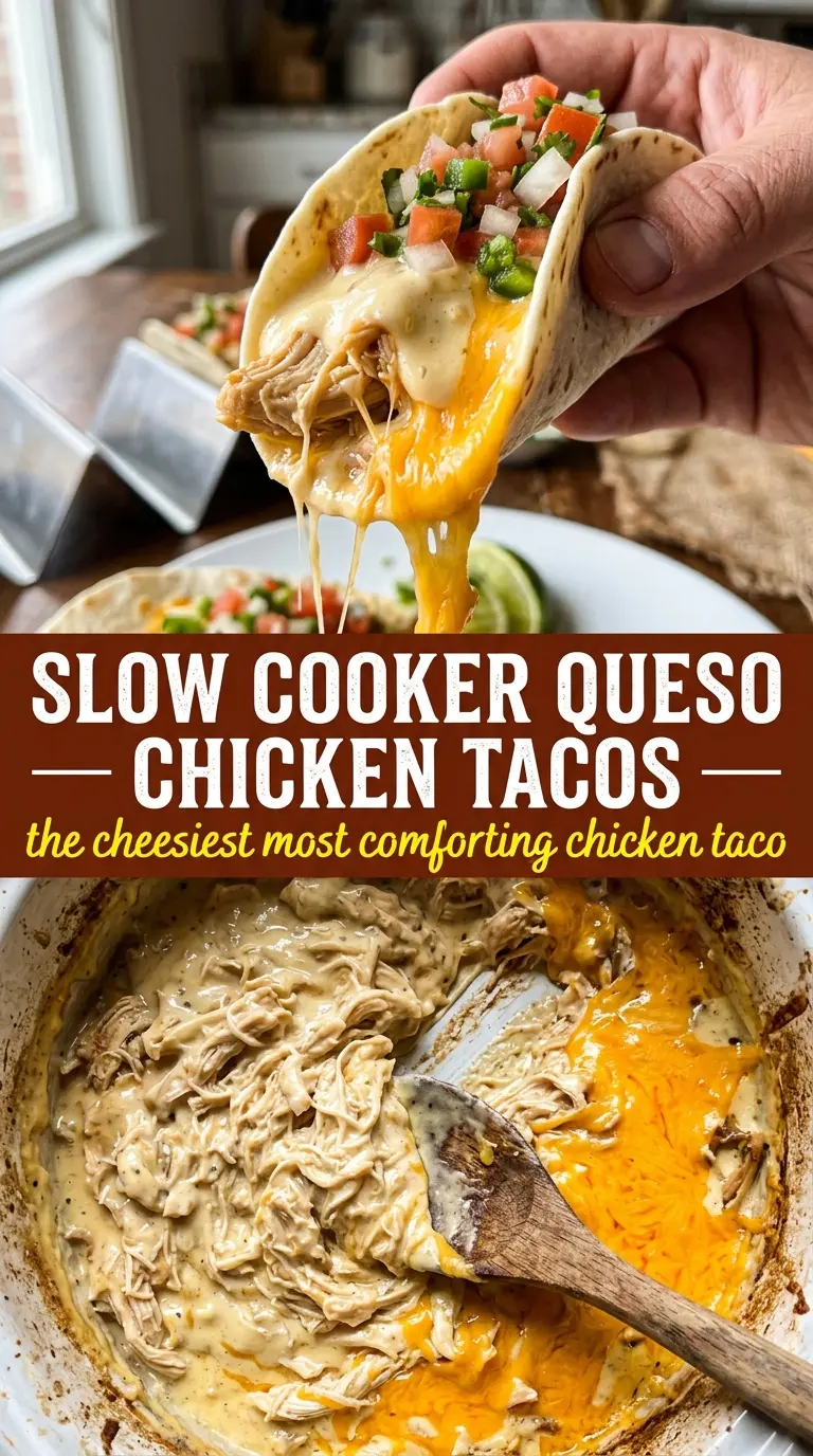 Slow Cooker Queso Chicken Tacos creamy shredded chicken