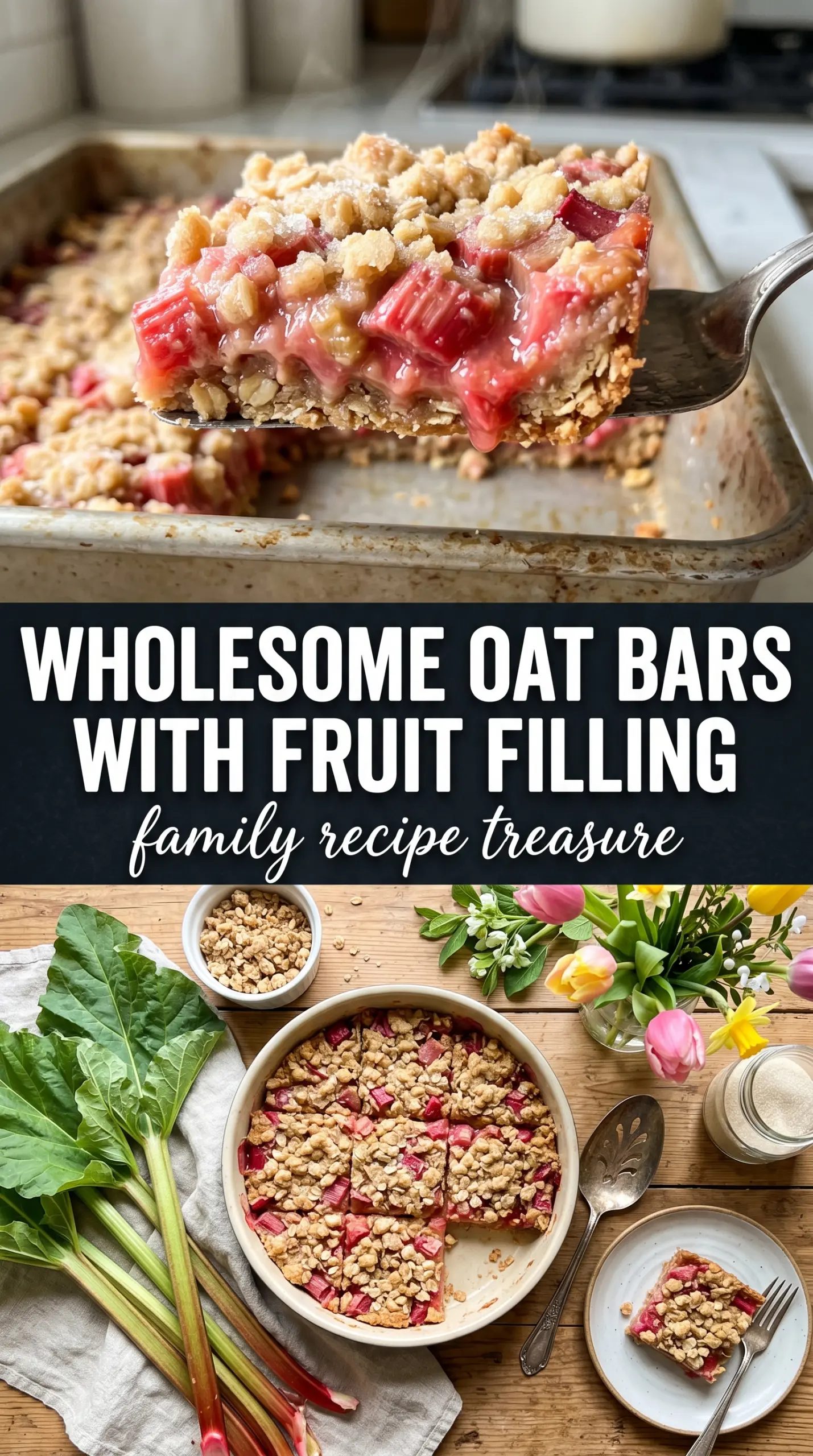Amish Oatmeal Rhubarb Bars with buttery oat crumble, tangy filling, golden layers