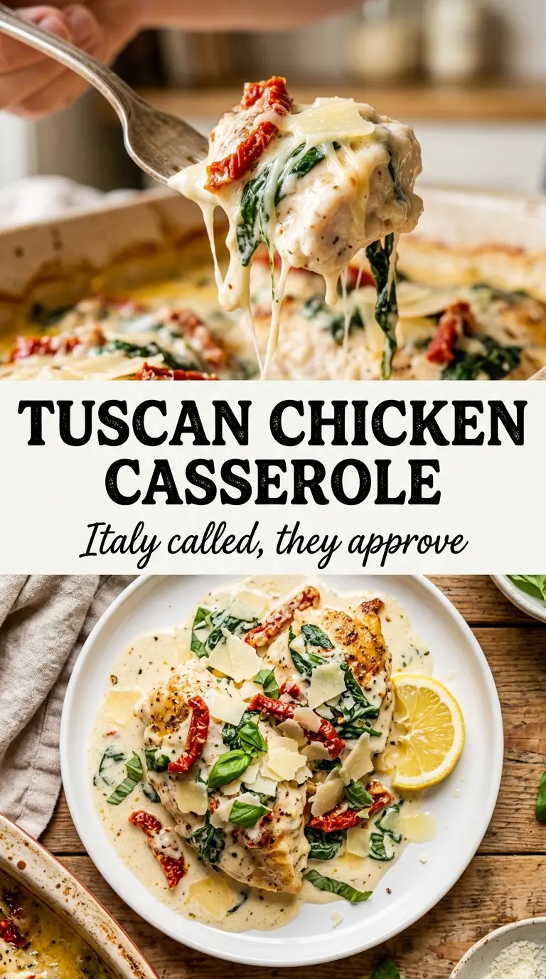 Baked Tuscan Chicken Casserole golden chicken thighs, creamy spinach, sun-dried tomatoes