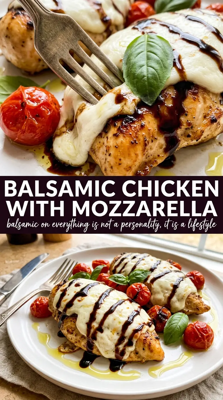 Balsamic Baked Chicken Breast with Mozzarella, glossy caprese-style, melted cheese
