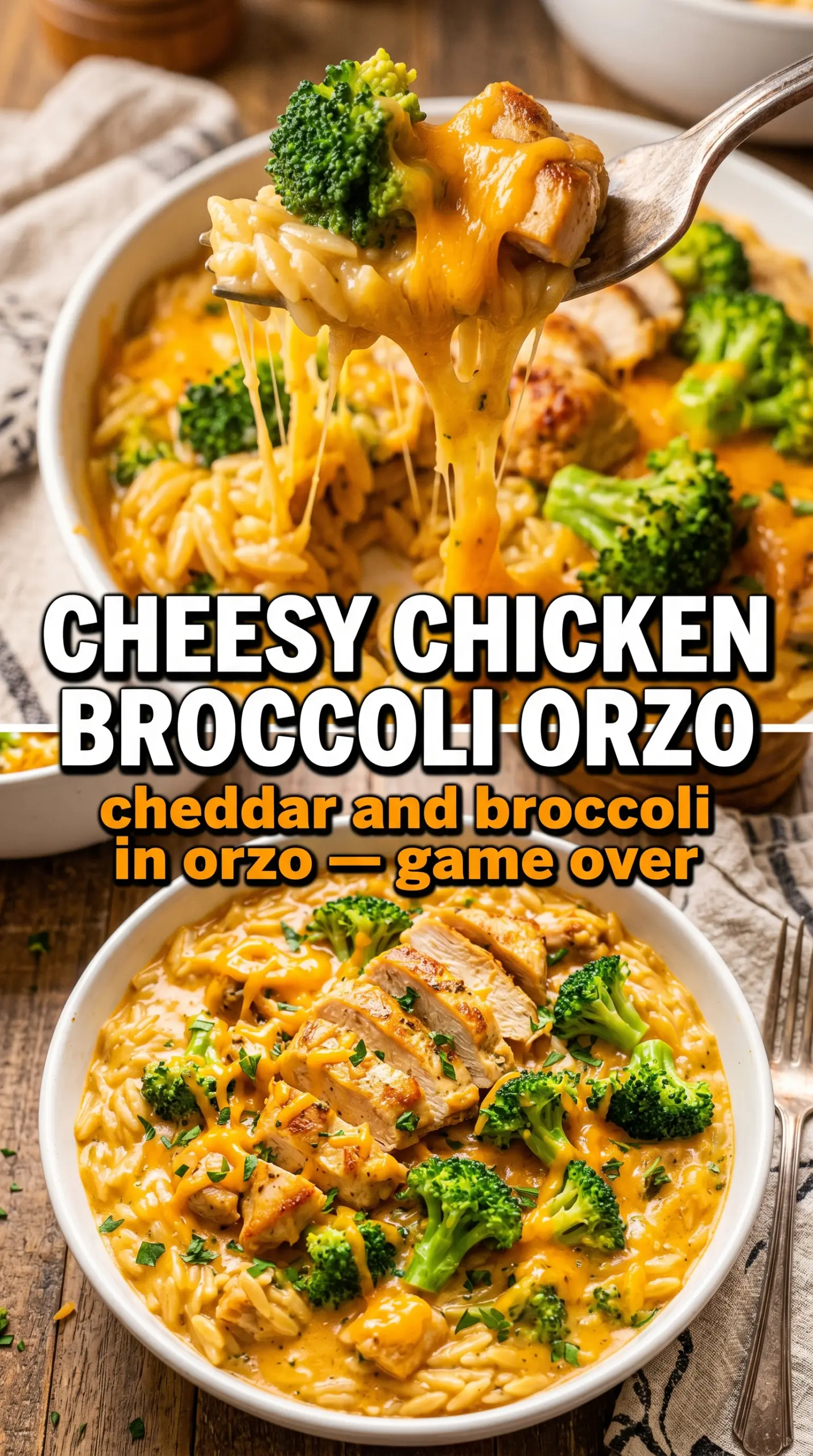 Cheesy Chicken Broccoli Orzo creamy cheddar one-pan