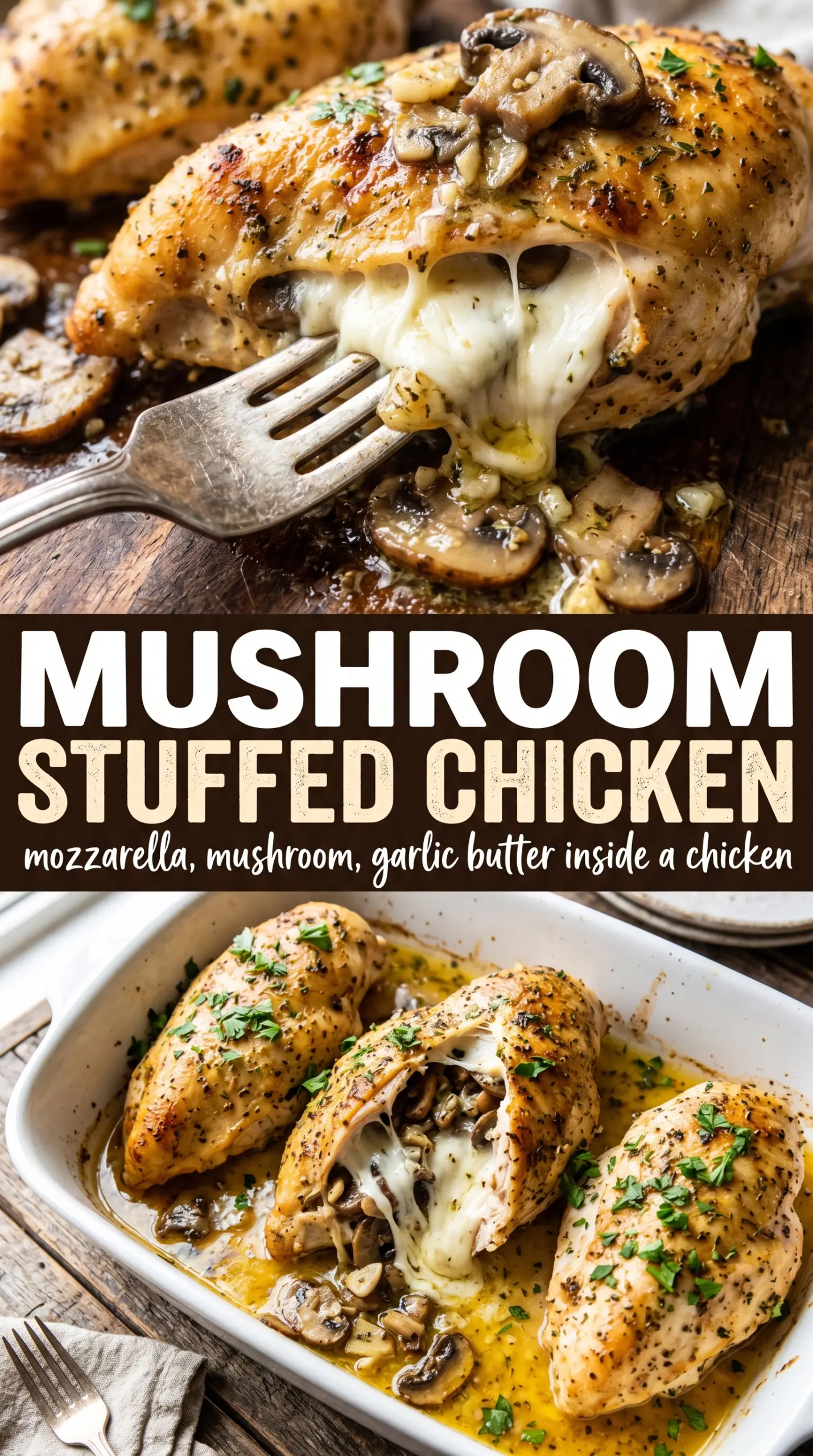 Cheesy Garlic Butter Mushroom Stuffed Chicken, molten filling, golden sear