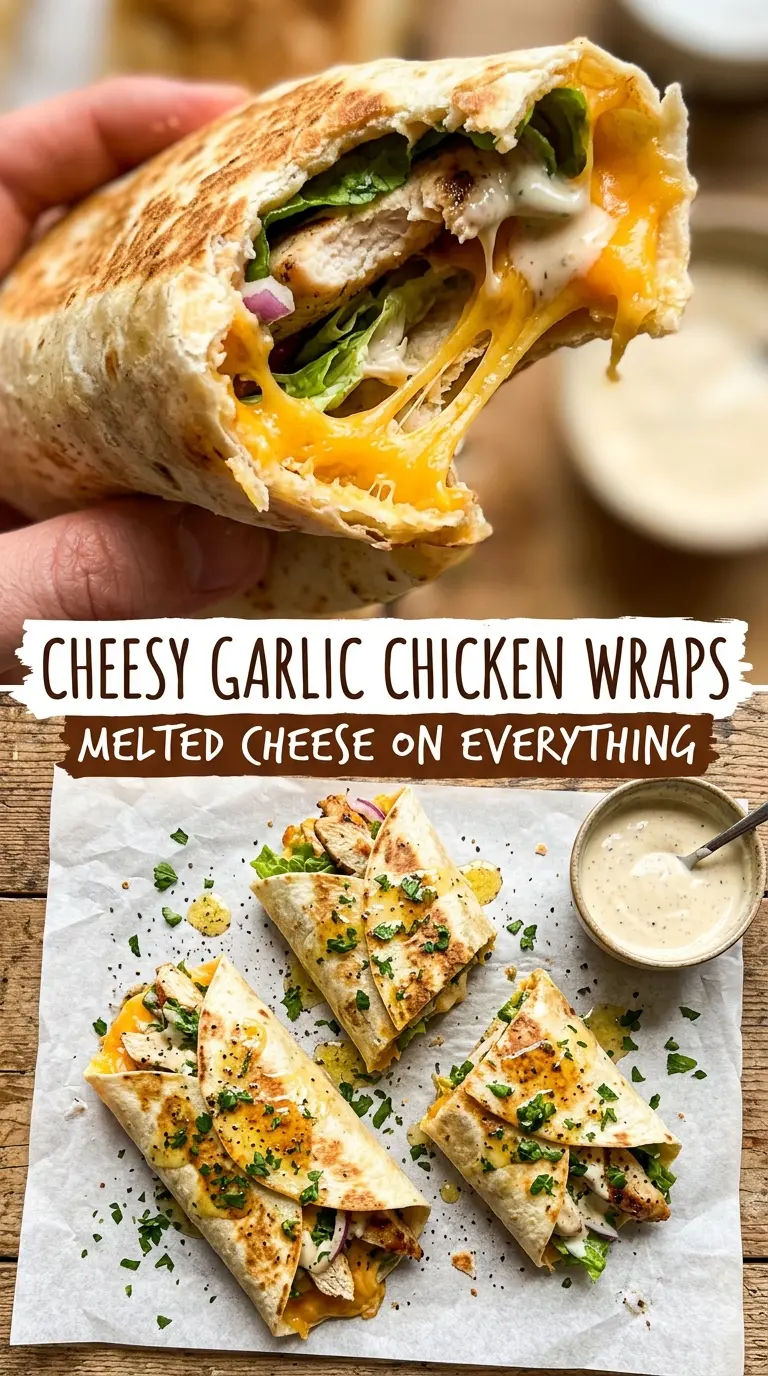 Cheesy Garlic Chicken Wraps golden toasted, melty, garlicky