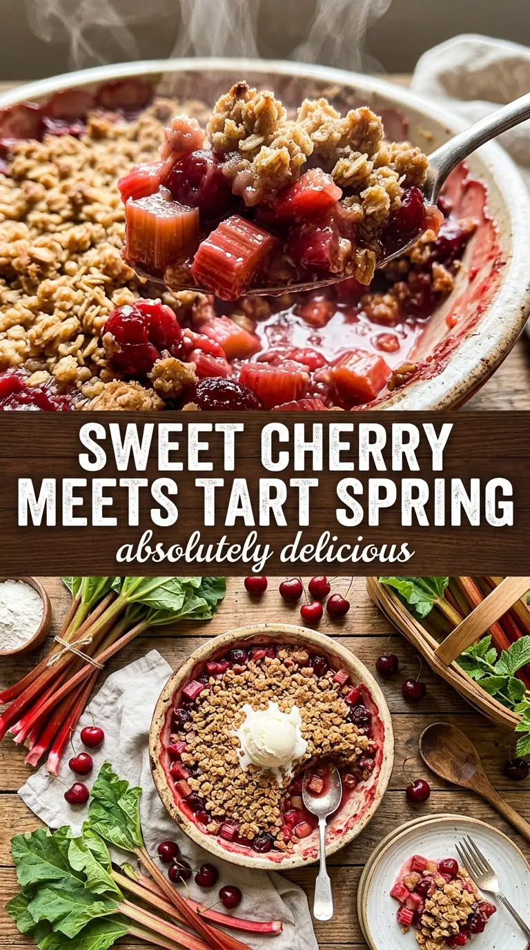 Cherry Rhubarb Crisp with jewel-toned filling, oat crumble