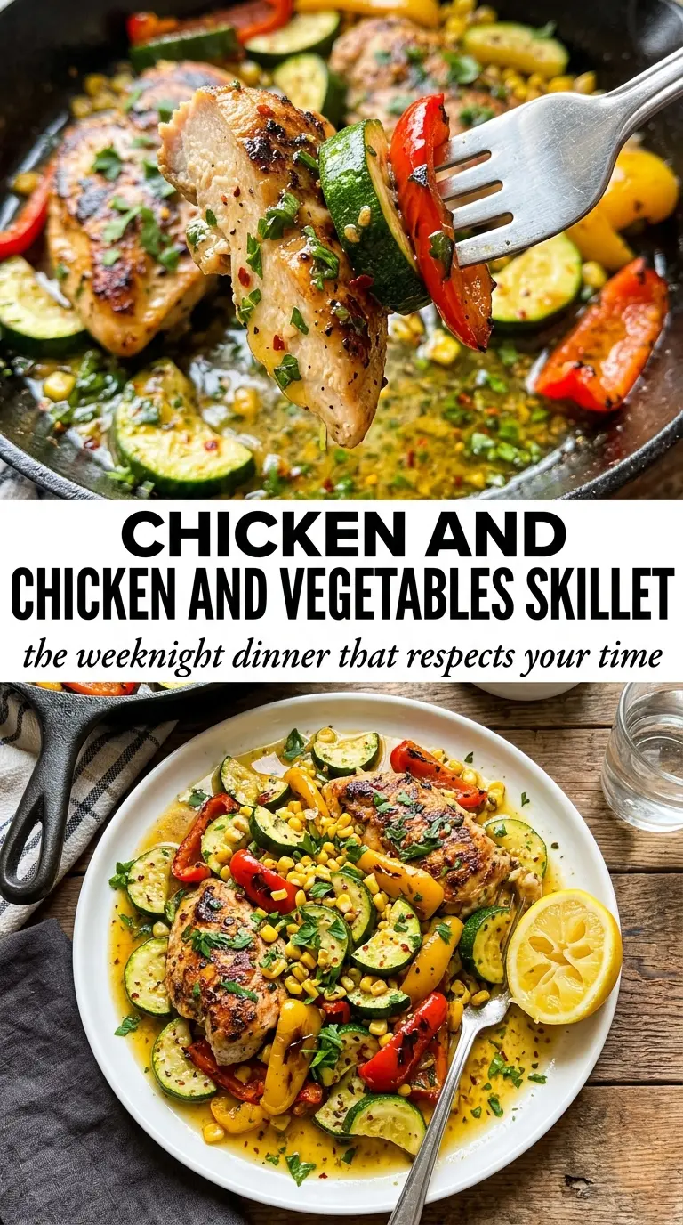 Chicken and Vegetables Skillet with golden chicken, charred vegetables, and garlic herb sauce
