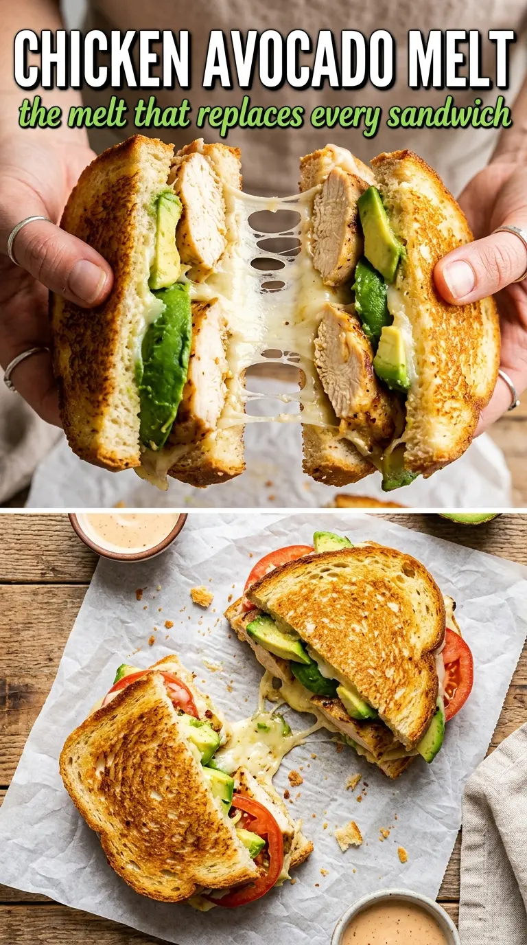 Chicken Avocado Melt Sandwich, toasted cheesy chicken sandwich