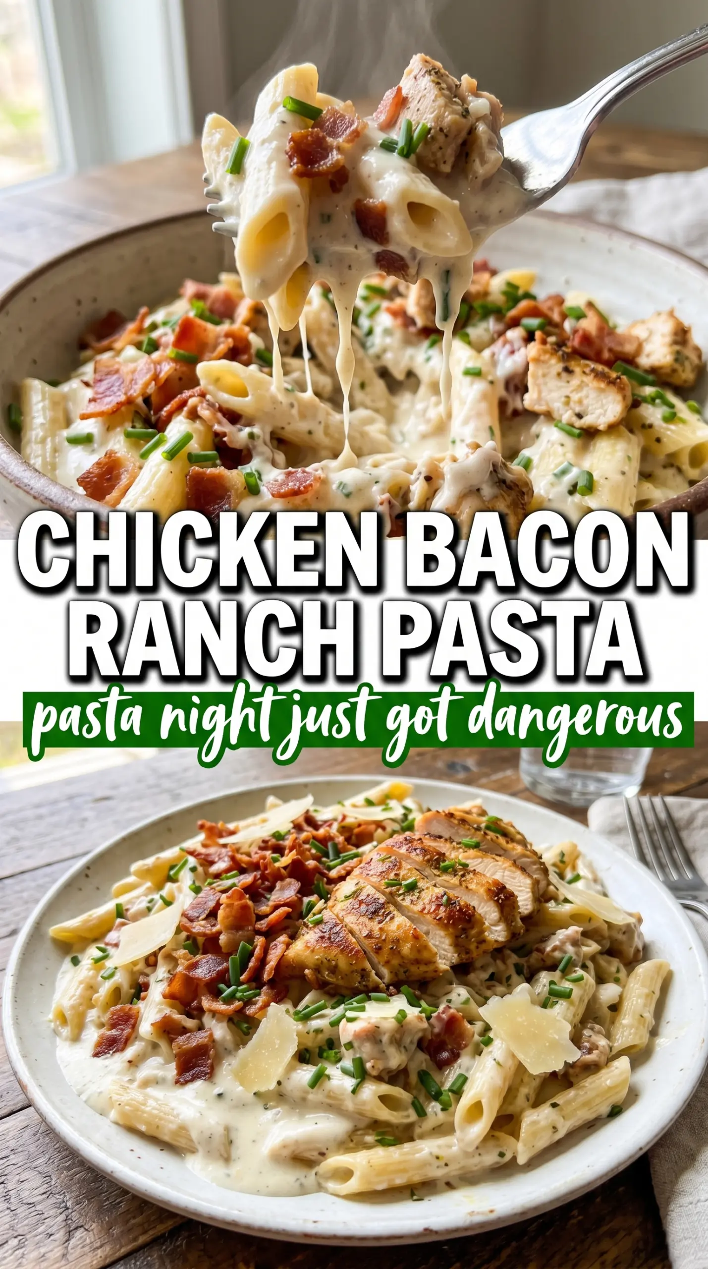 Creamy Chicken Bacon Ranch Pasta, cheesy bacon pasta
