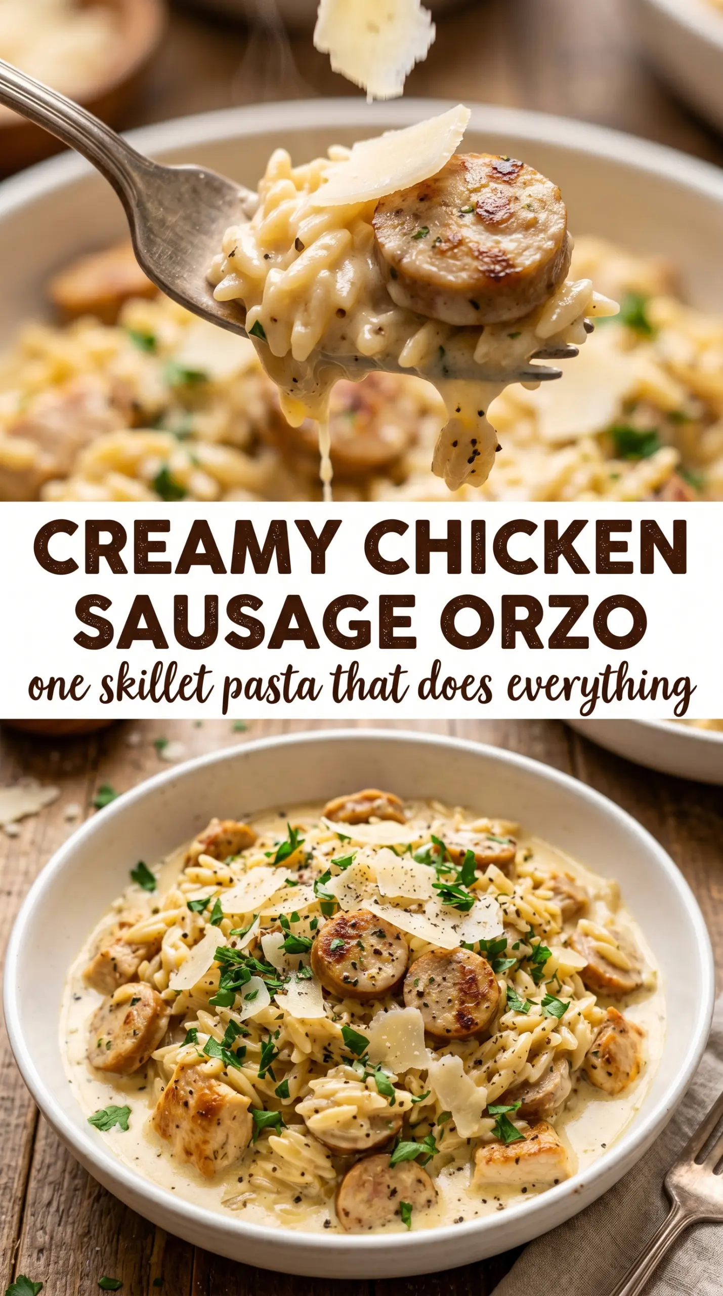 Creamy Chicken Sausage Orzo creamy glossy skillet