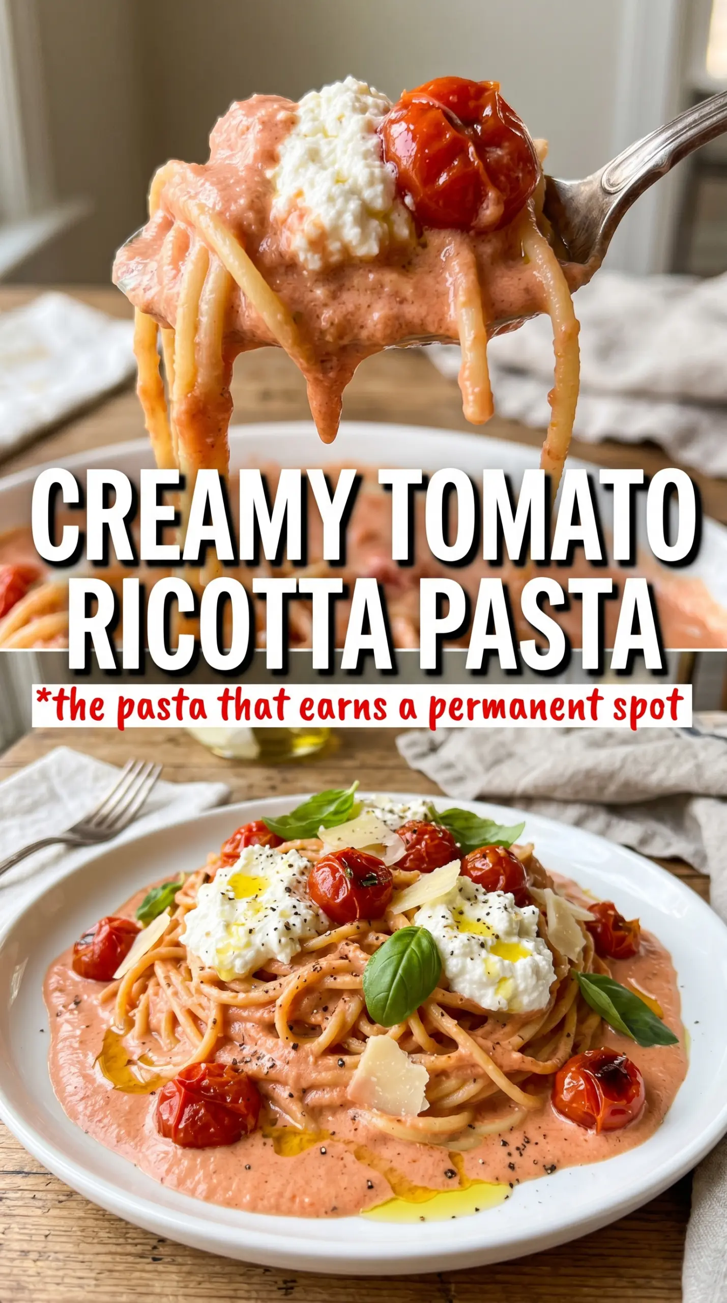 Creamy Tomato Ricotta Pasta blush-pink rigatoni silky