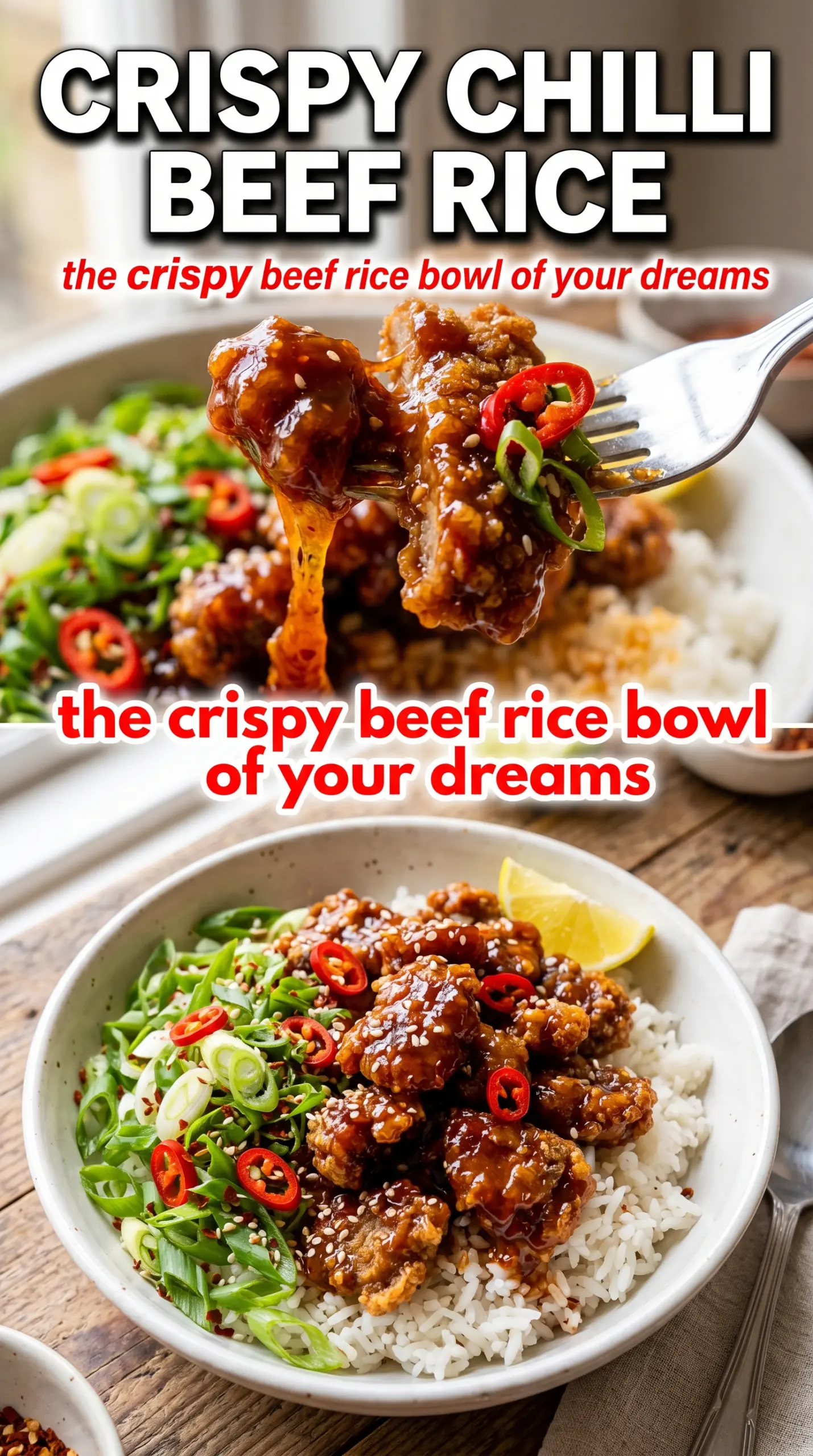 Crispy Chilli Beef Rice crispy beef rice bowl sweet-spicy