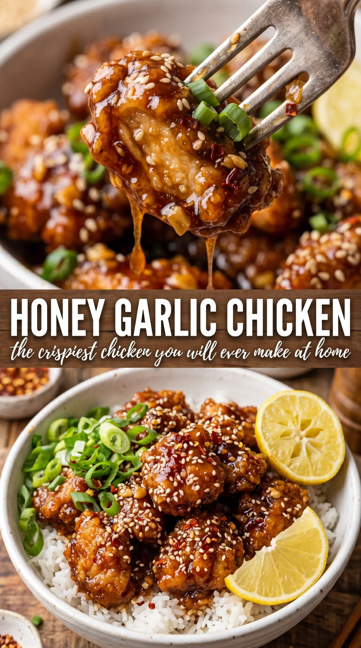 Crispy Chinese Honey Garlic Chicken, glossy crunchy, sesame-topped