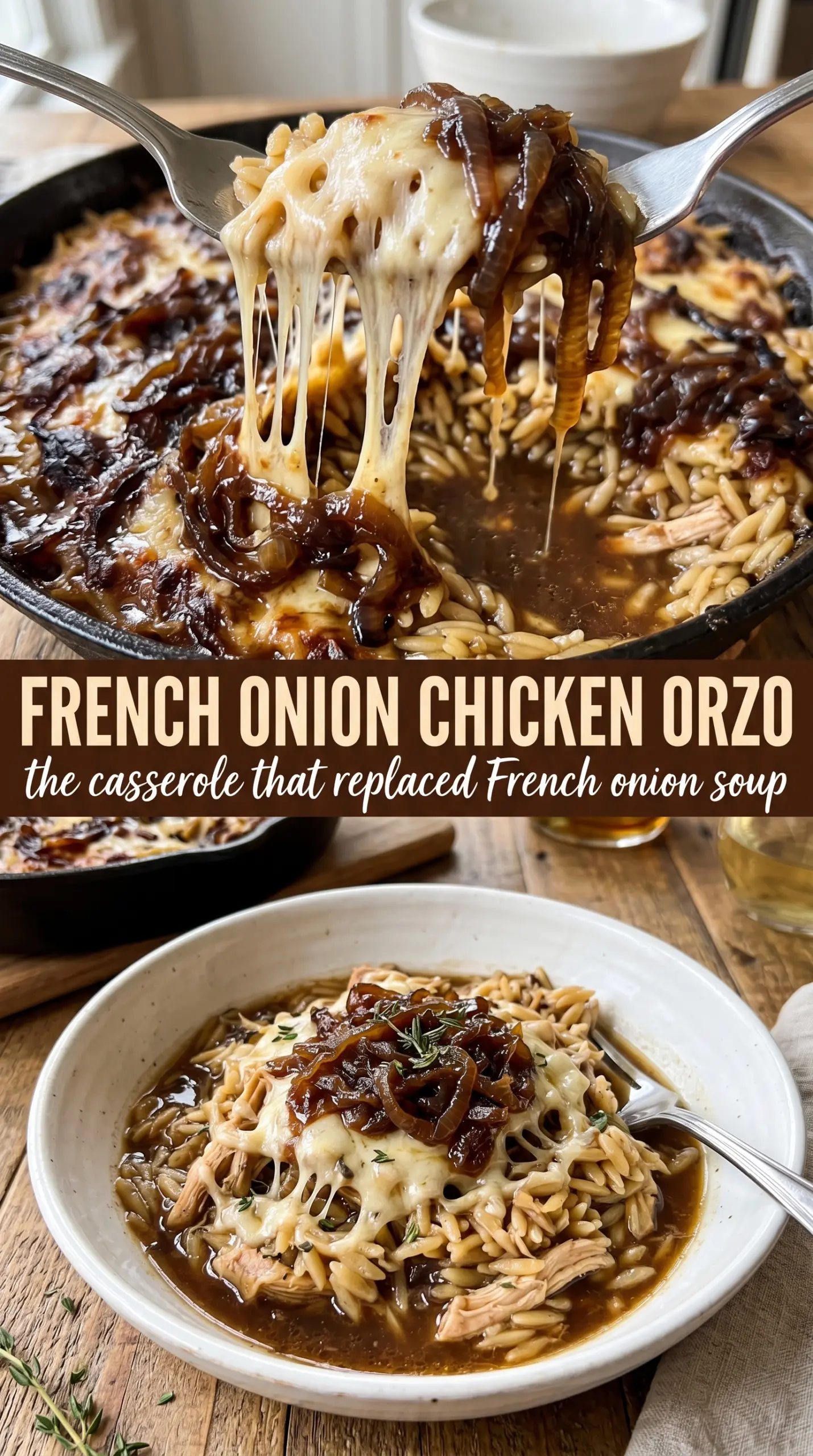 French onion chicken orzo casserole, cheesy, golden, bubbly