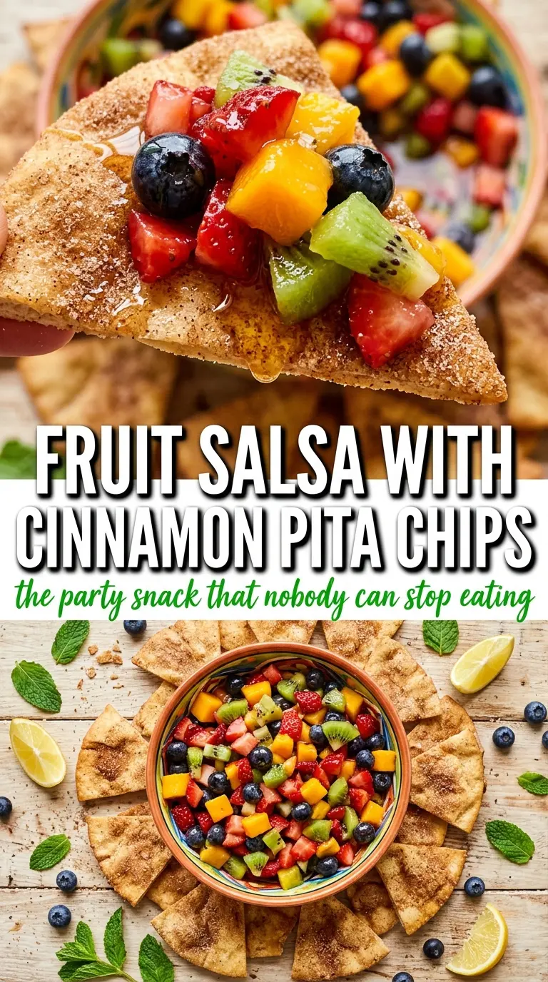 Fruit salsa with cinnamon sugar pita chips, colorful fresh, crisp appetizer