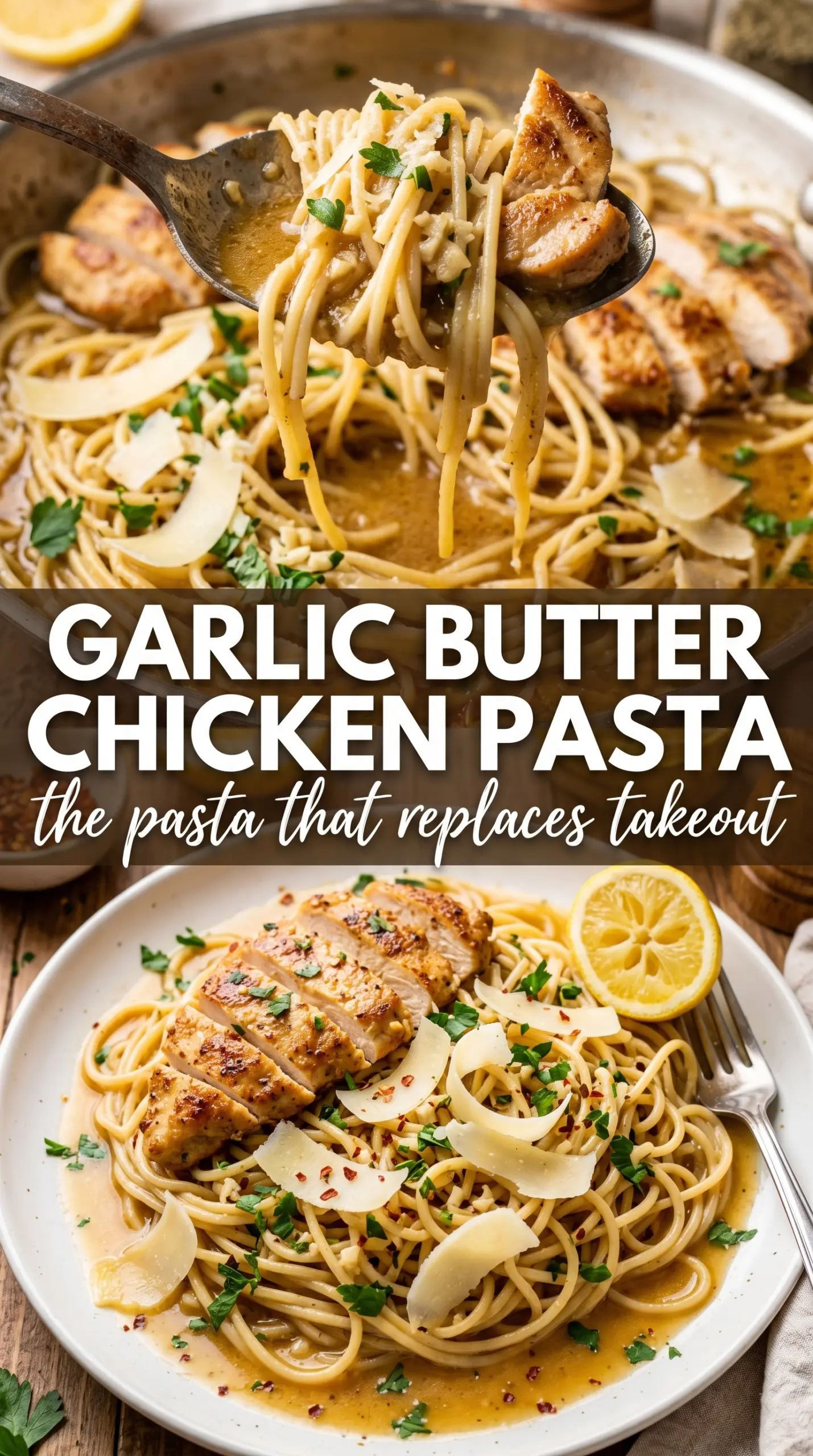 Garlic Butter Chicken Pasta glossy spaghetti, golden chicken, savory