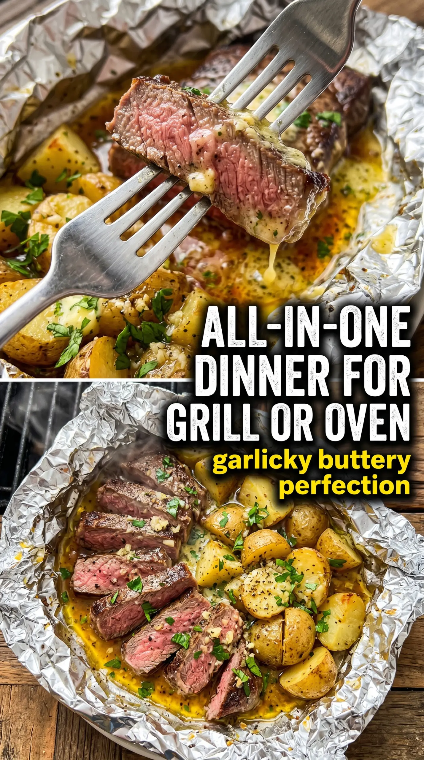 Garlic Butter Steak and Potato Foil Packets tender steak, golden potatoes, grilled packets