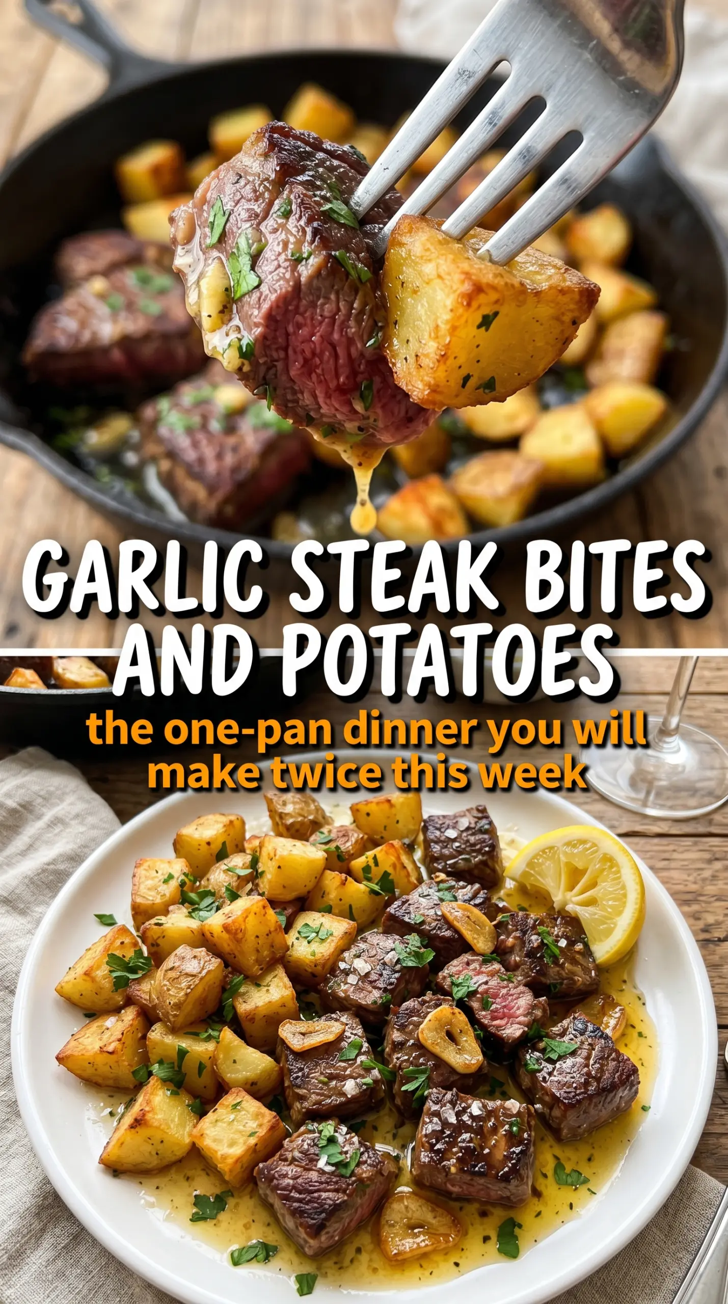 Garlic Steak Bites and Potatoes crispy seared skillet