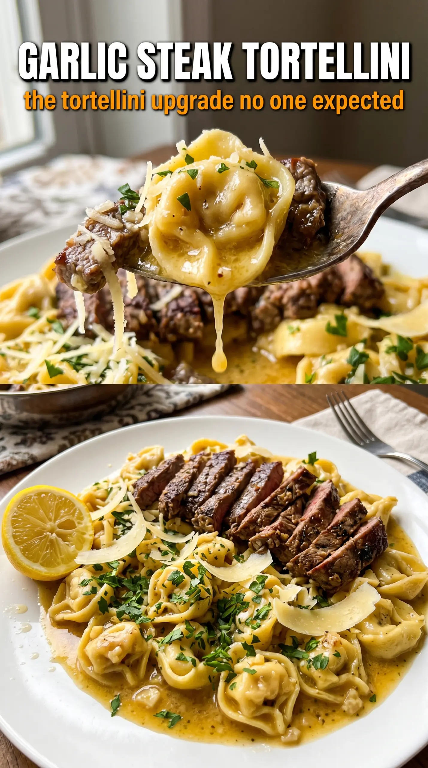 Garlic Steak Tortellini with steak and cheesy tortellini
