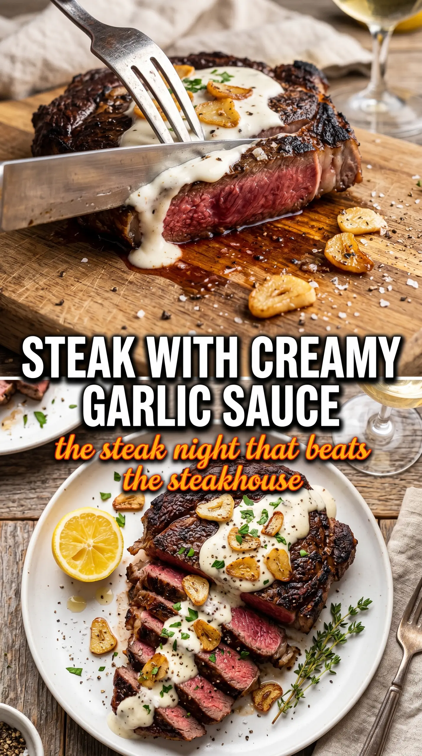 Juicy steak with creamy garlic sauce, pan-seared ribeye, cast iron
