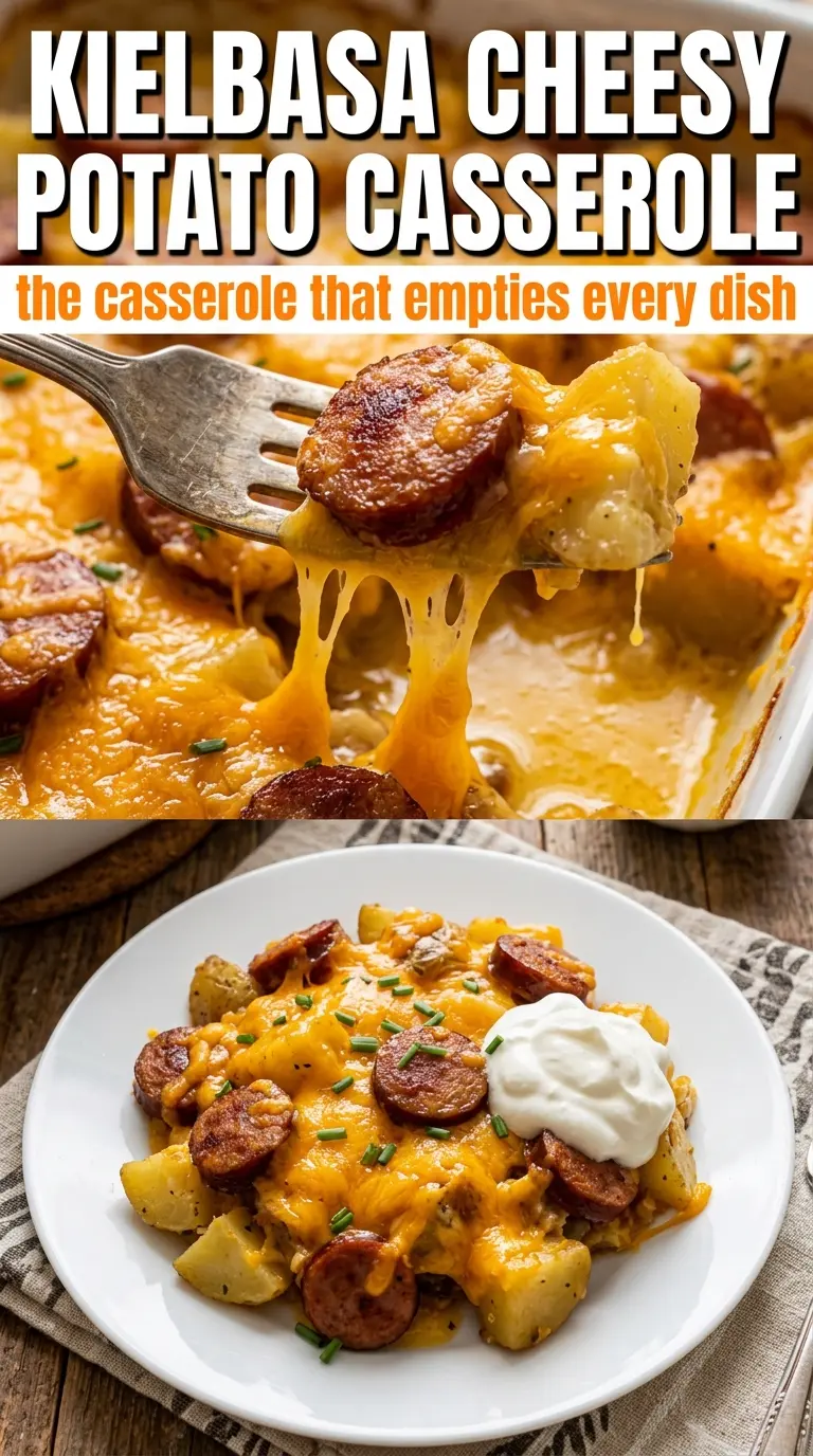 Kielbasa sausage cheesy potato casserole golden cheesy