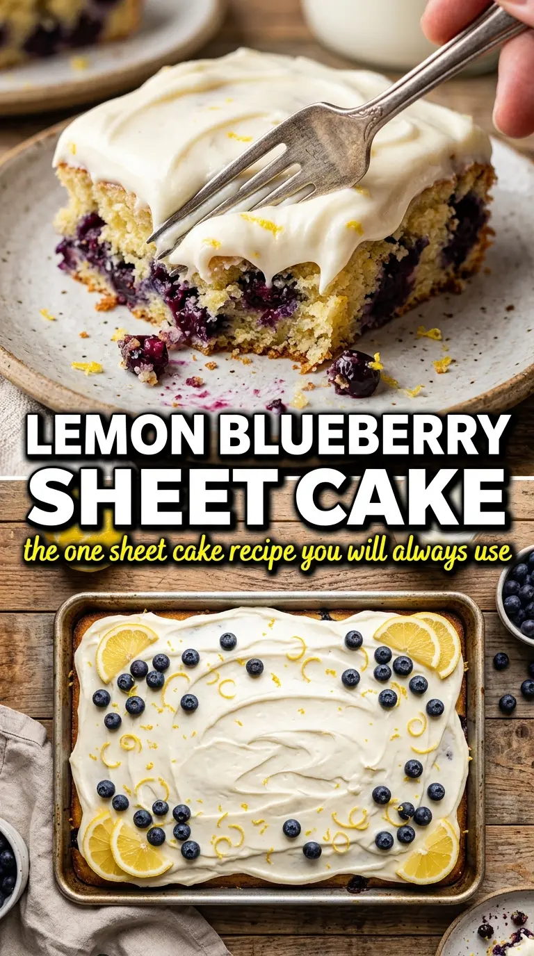 Lemon blueberry sheet cake, creamy frosting, fresh berries