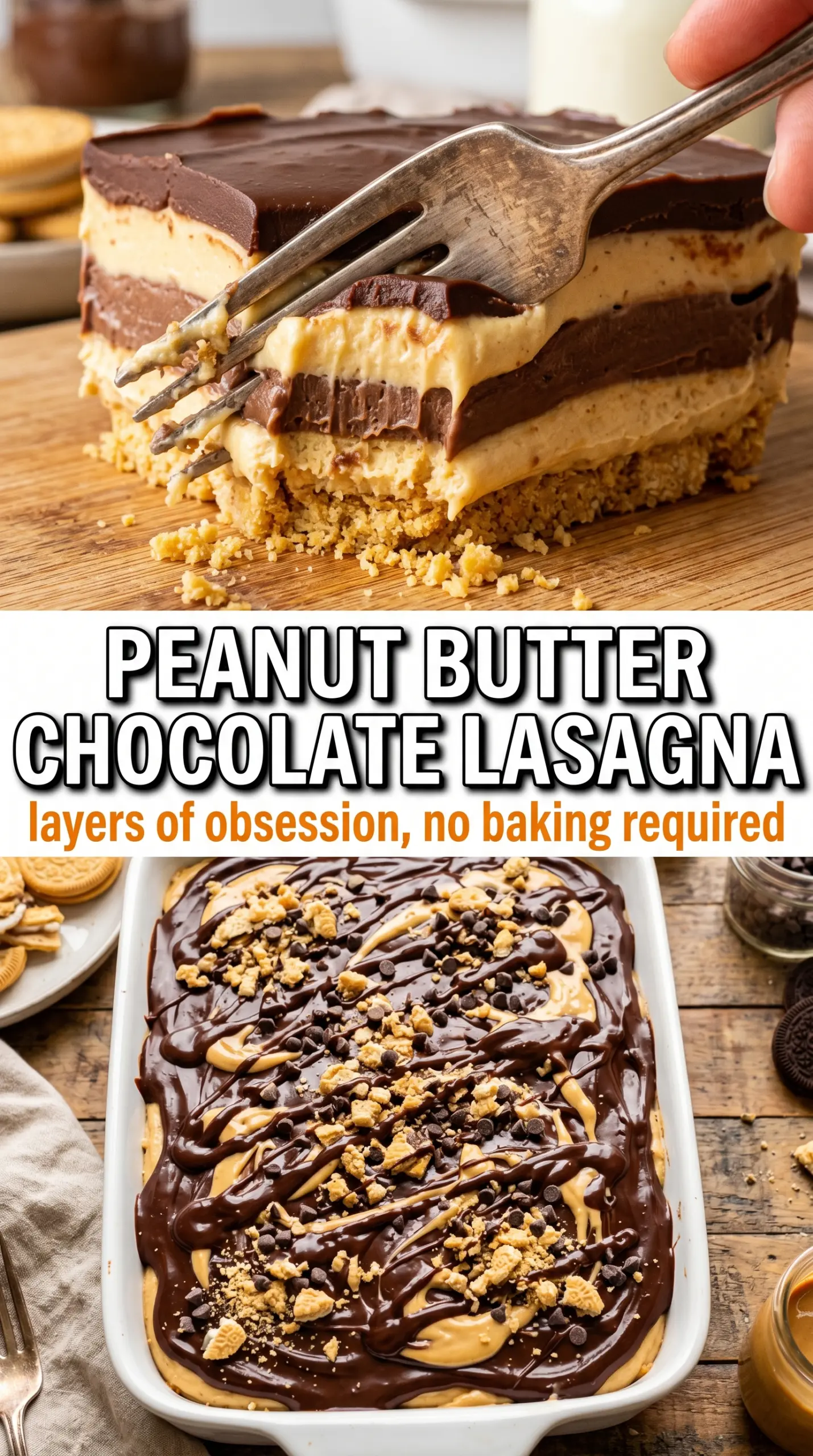 No-Bake Peanut Butter Chocolate Lasagna layered dessert, creamy chocolate, Oreo crust