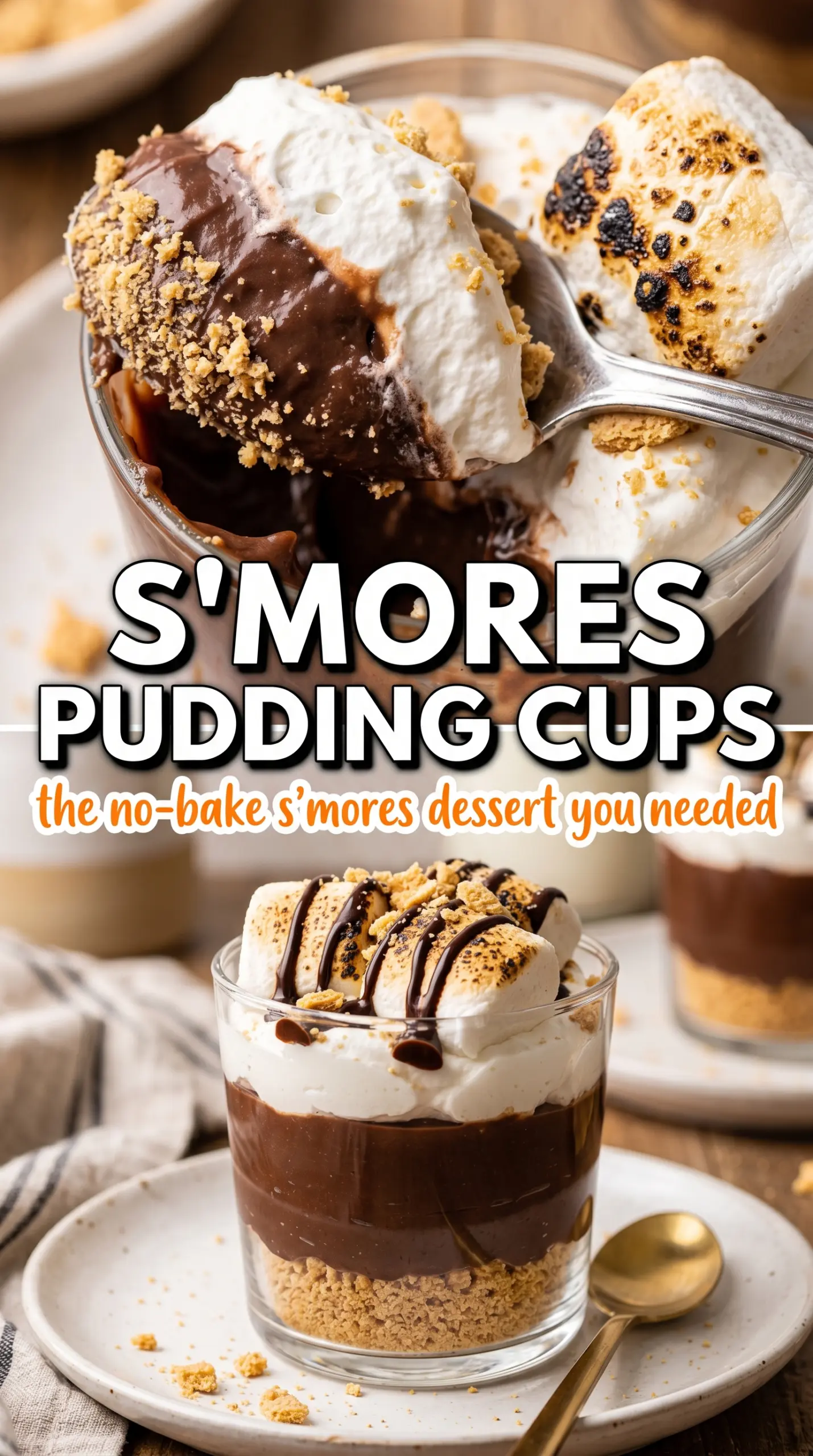 No-Bake S'mores Pudding Cups, layered chocolate marshmallow, graham
