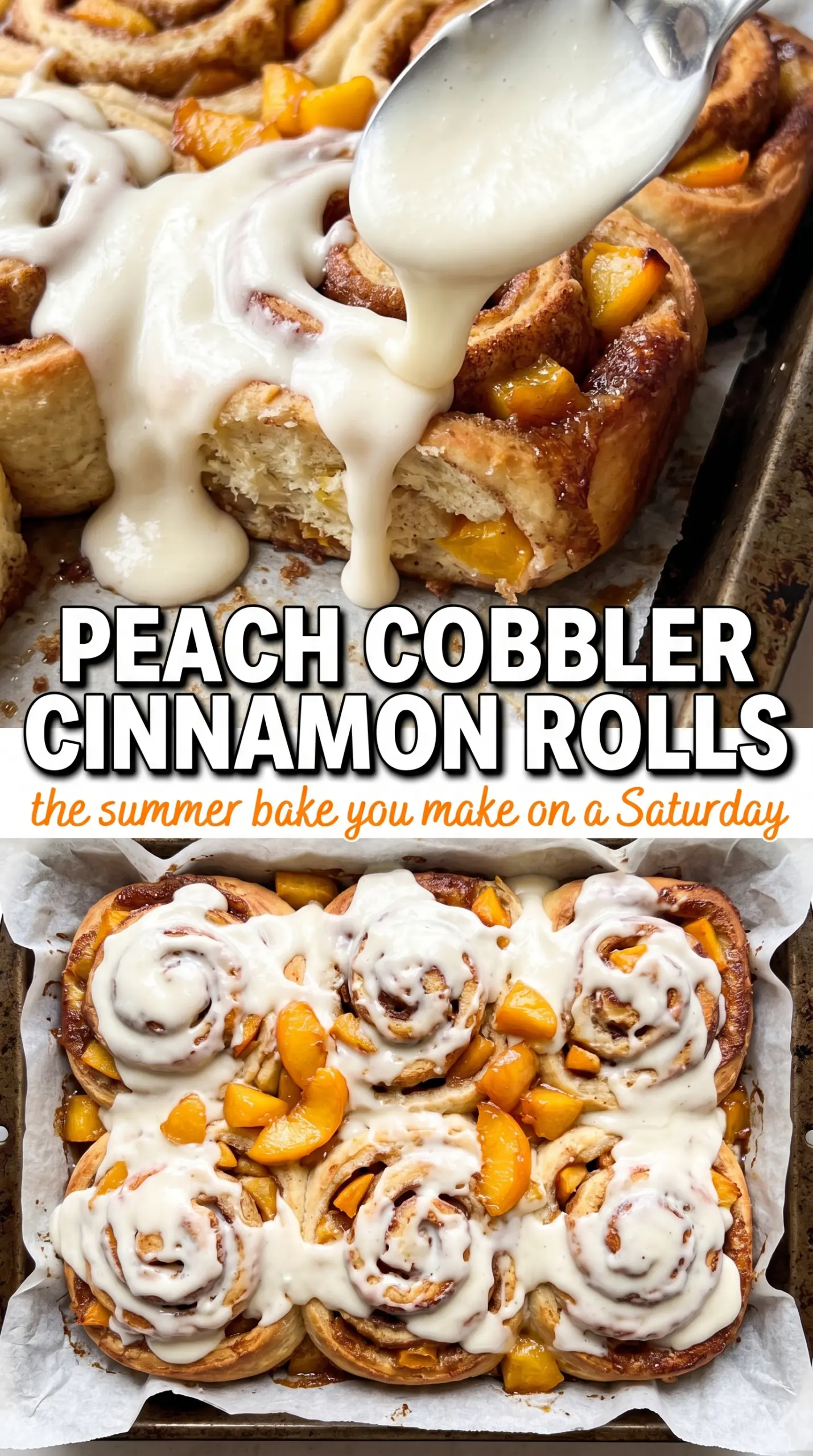 Peach Cobbler Cinnamon Rolls, jammy peach filling, vanilla glaze
