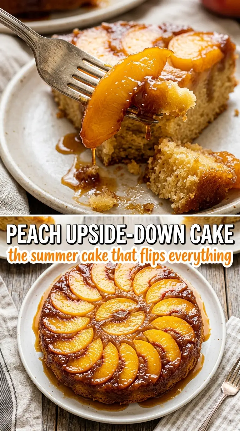 Peach upside-down cake caramelized glossy buttery