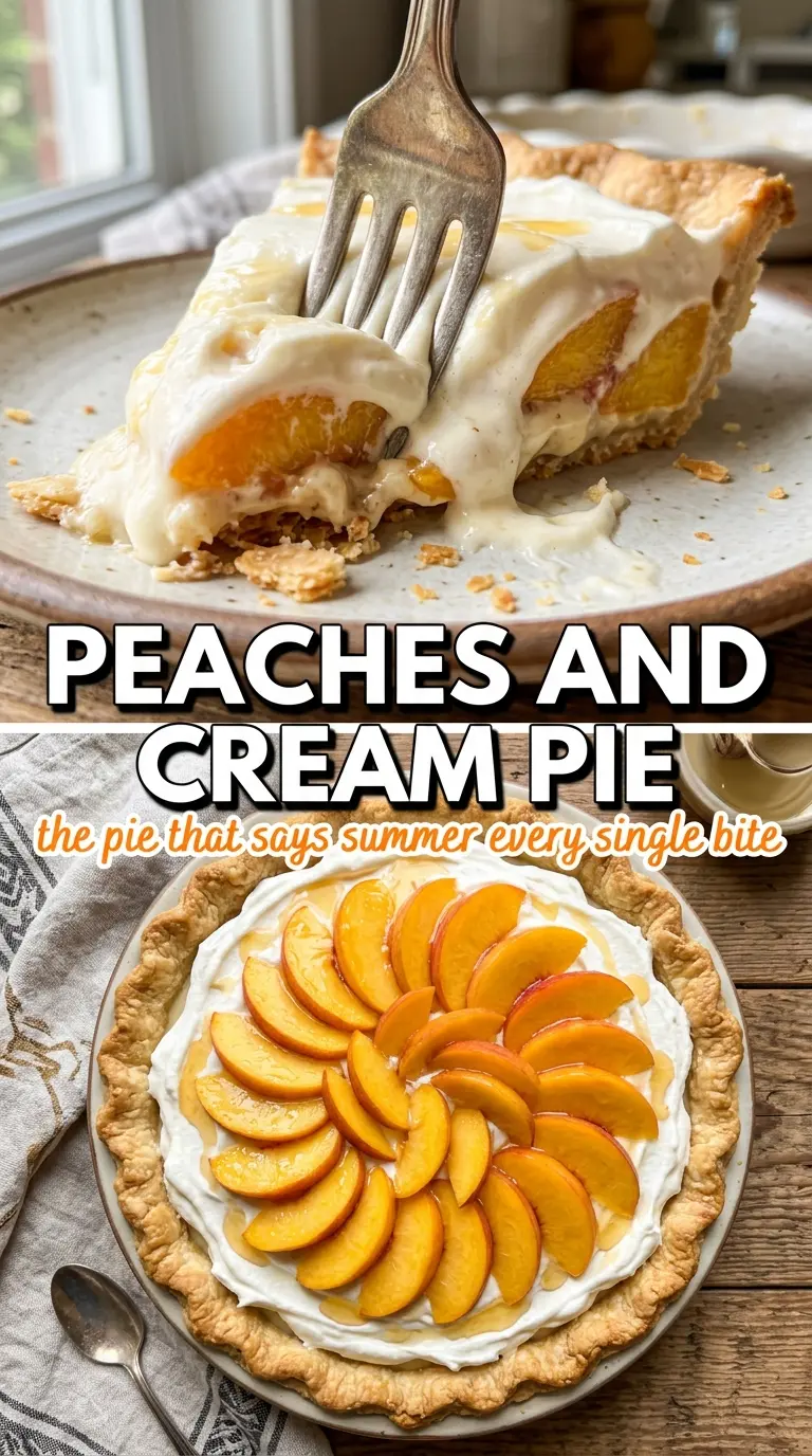 Peaches and cream pie golden custard, flaky crust, fresh peaches