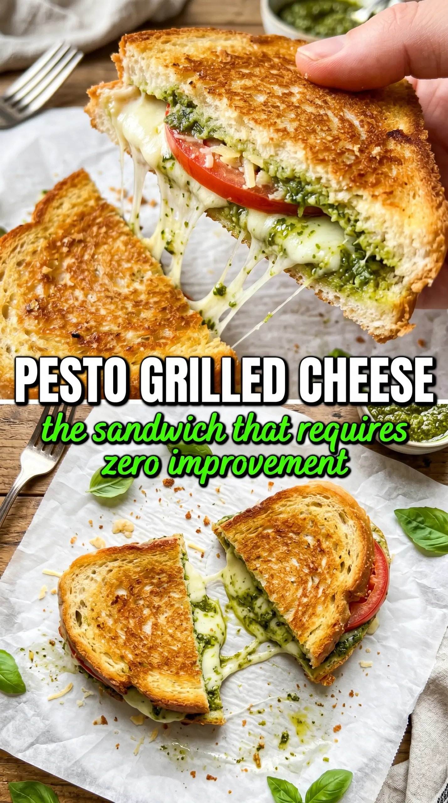 Pesto Grilled Cheese with mozzarella, sun-dried tomatoes, golden crust