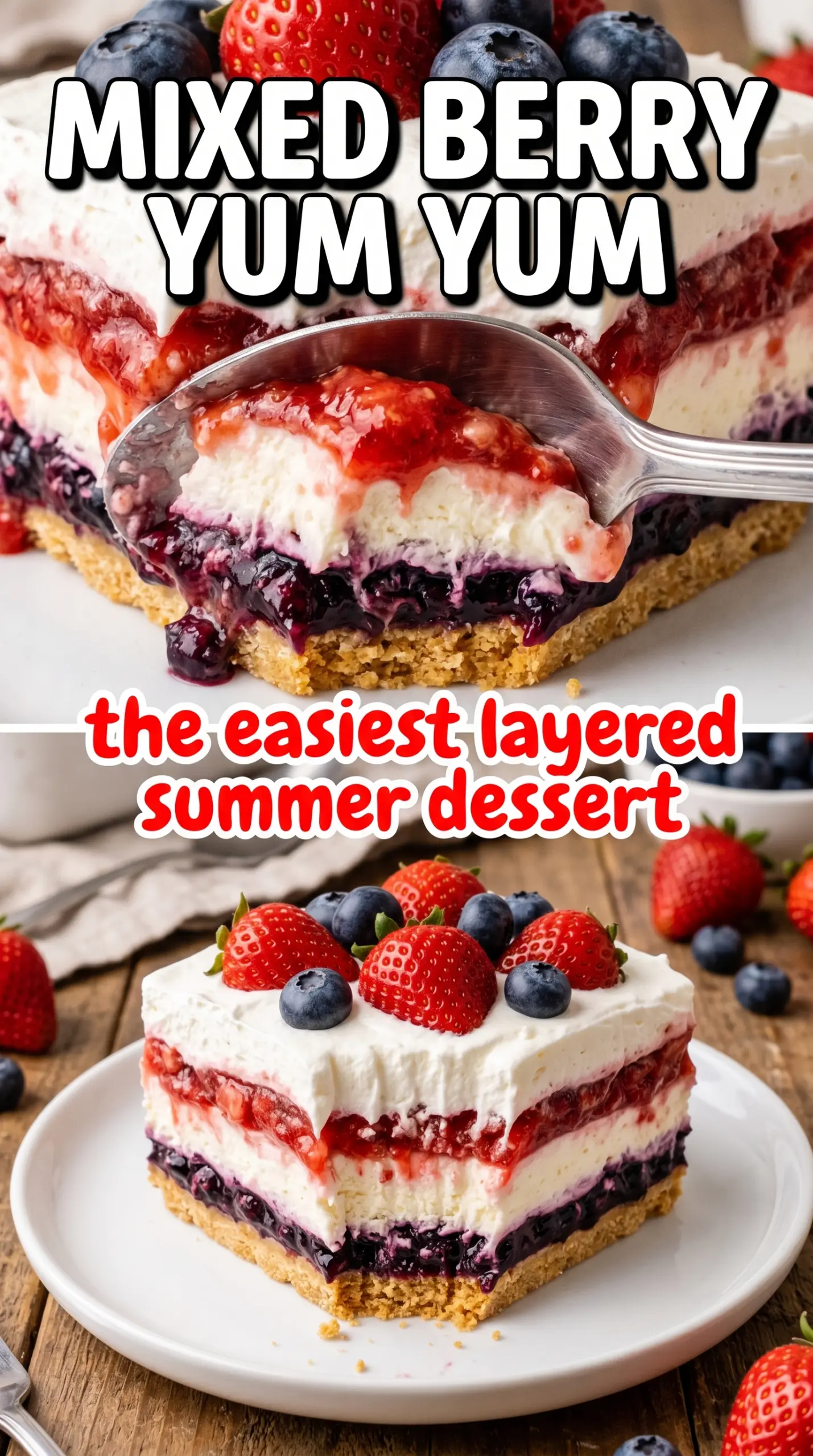 Red, White and Blue Mixed Berry Yum Yum layered dessert, creamy berry, pecan crust