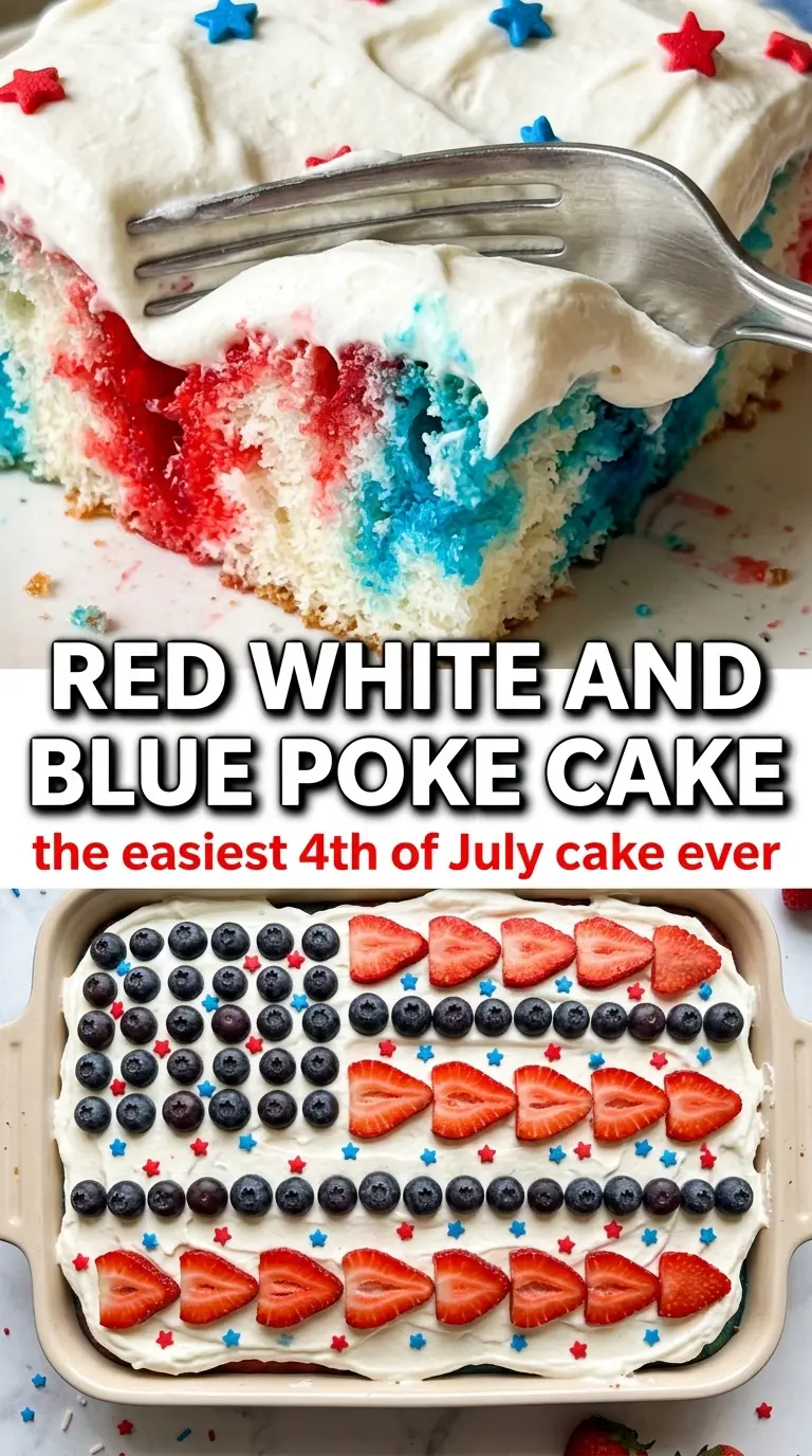 Red, White and Blue Poke Cake patriotic stripes, whipped topping, berry garnish