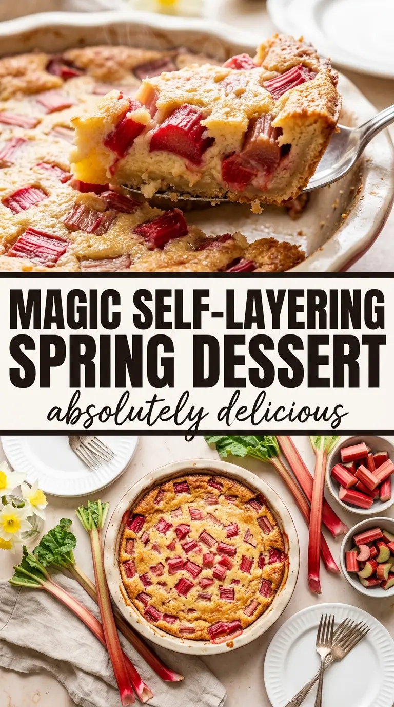 Rhubarb Impossible Pie creamy custard, golden crust, tart rhubarb