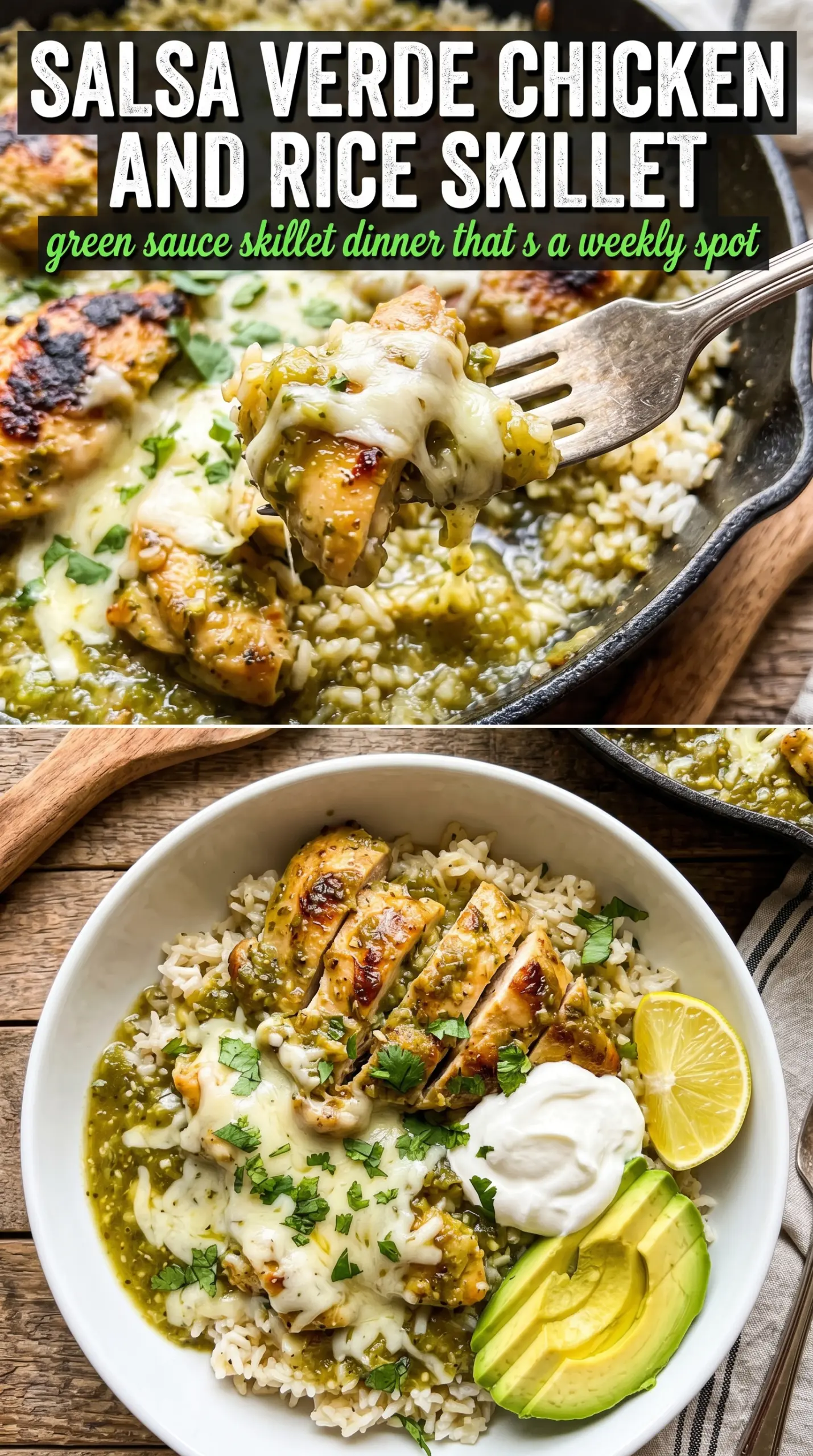 Salsa Verde Chicken and Rice Skillet, golden green cheesy