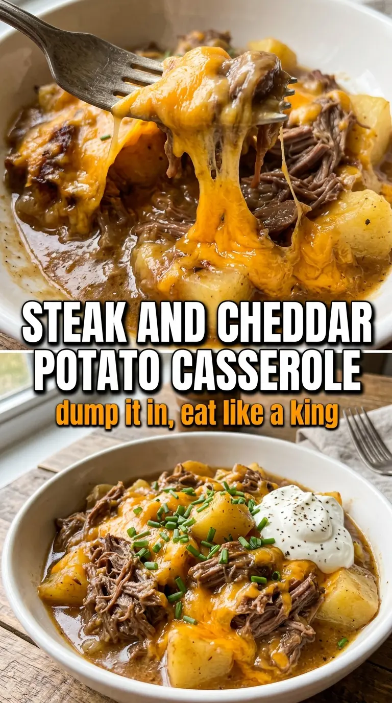 Slow Cooker Steak and Cheddar Potato Casserole cheesy potatoes tender steak