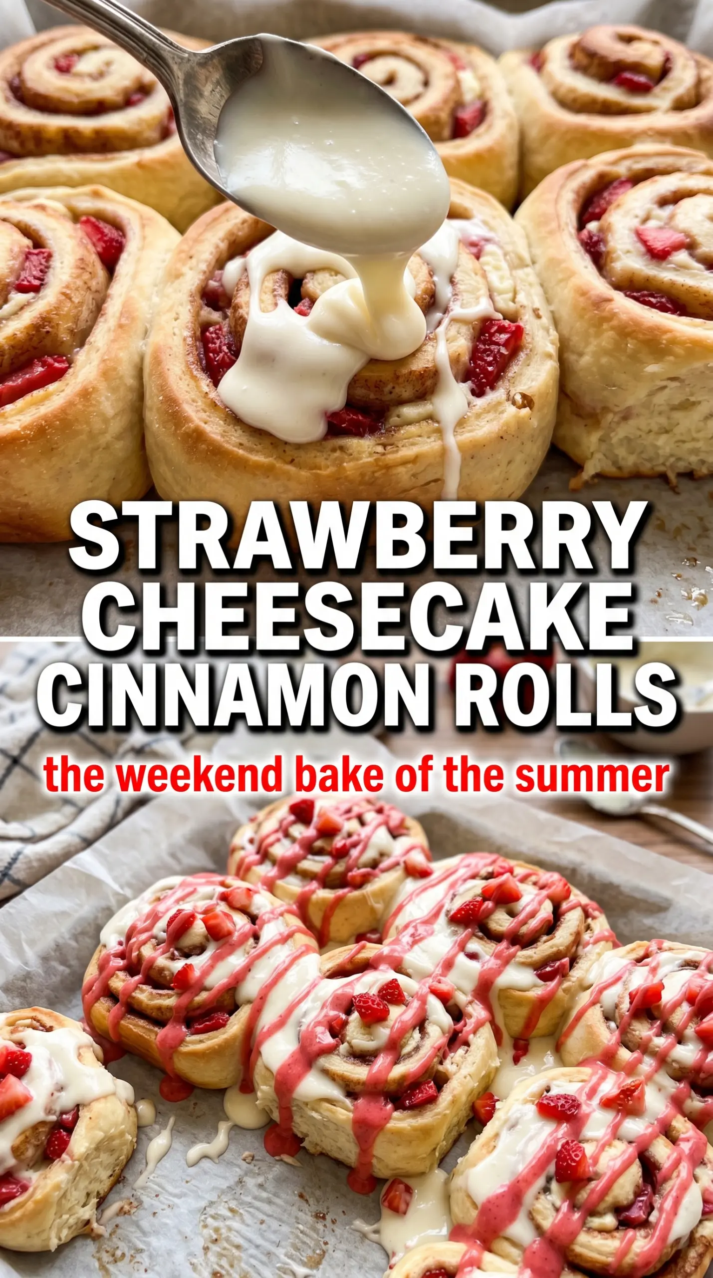 Strawberry Cheesecake Cinnamon Rolls pink swirl creamy glaze