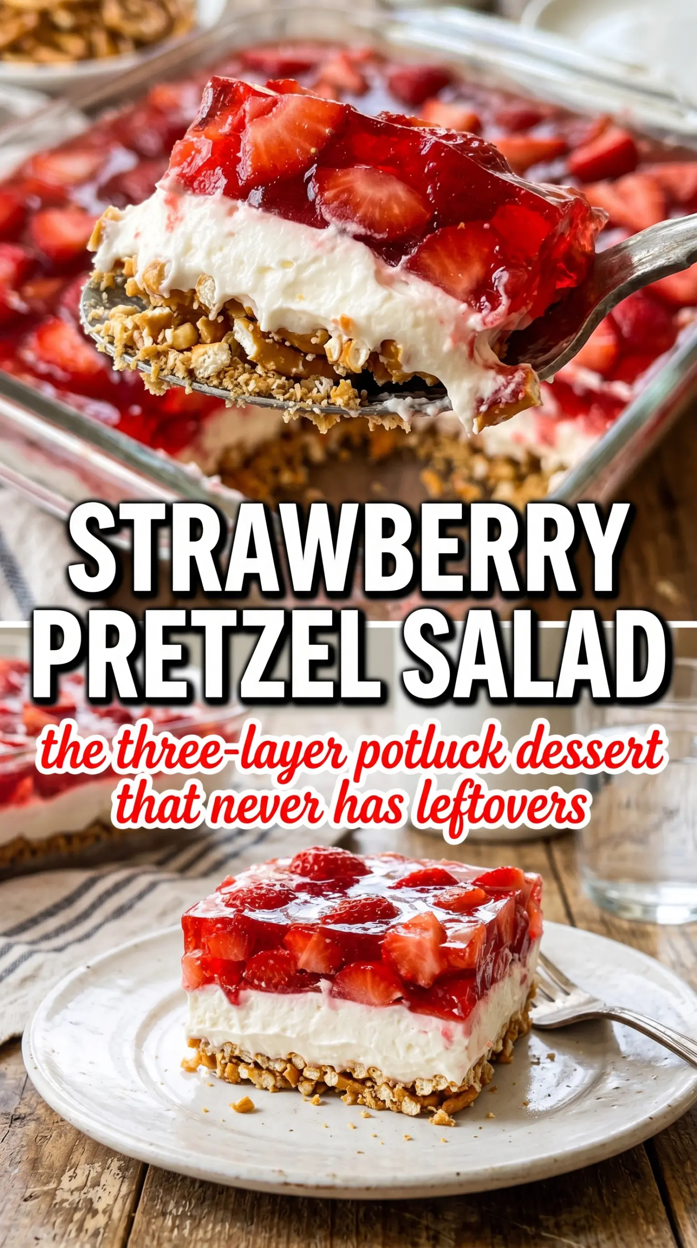 Strawberry Pretzel Salad layered dessert, salty sweet, creamy