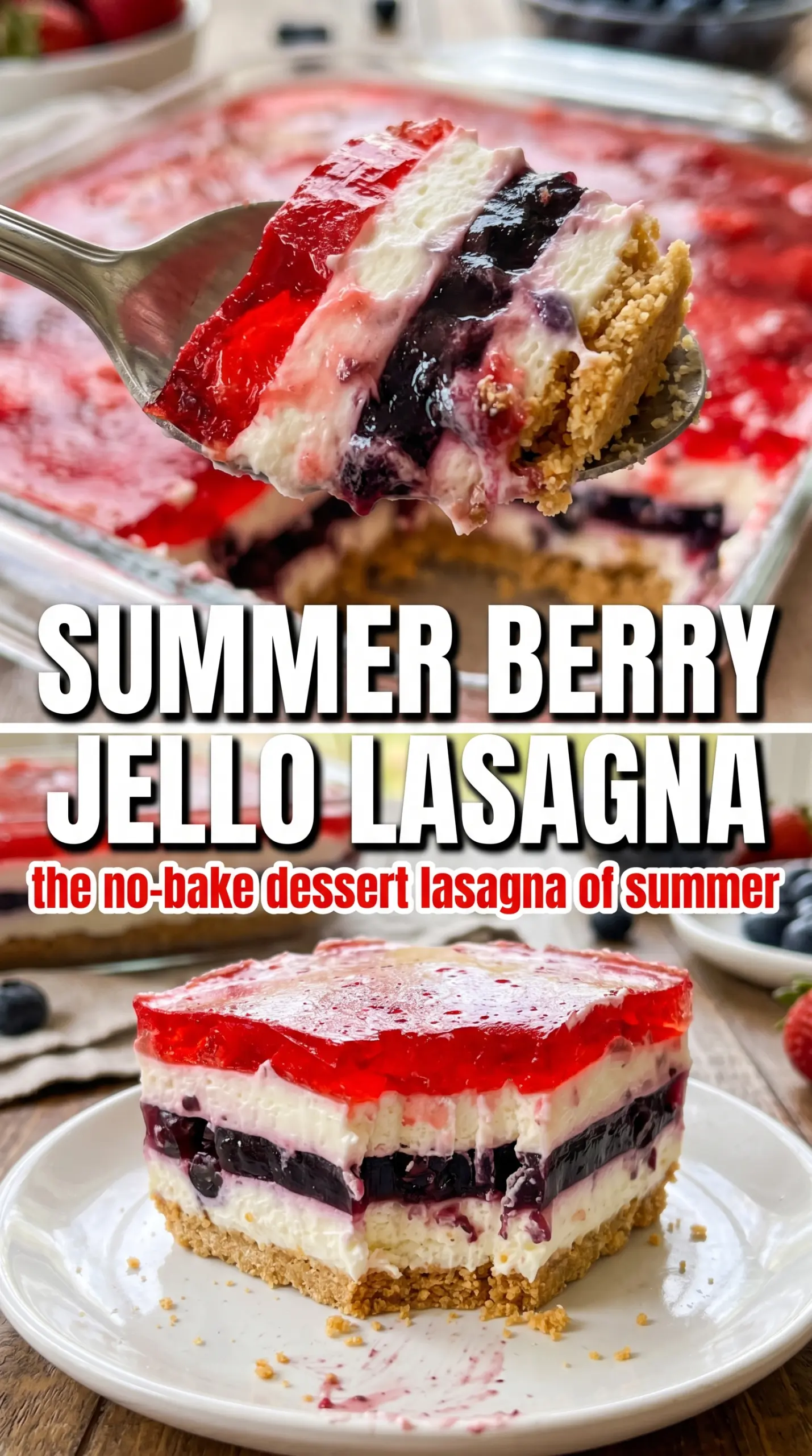 Summer Berry Jello Lasagna layered dessert, strawberry blueberry, no-bake