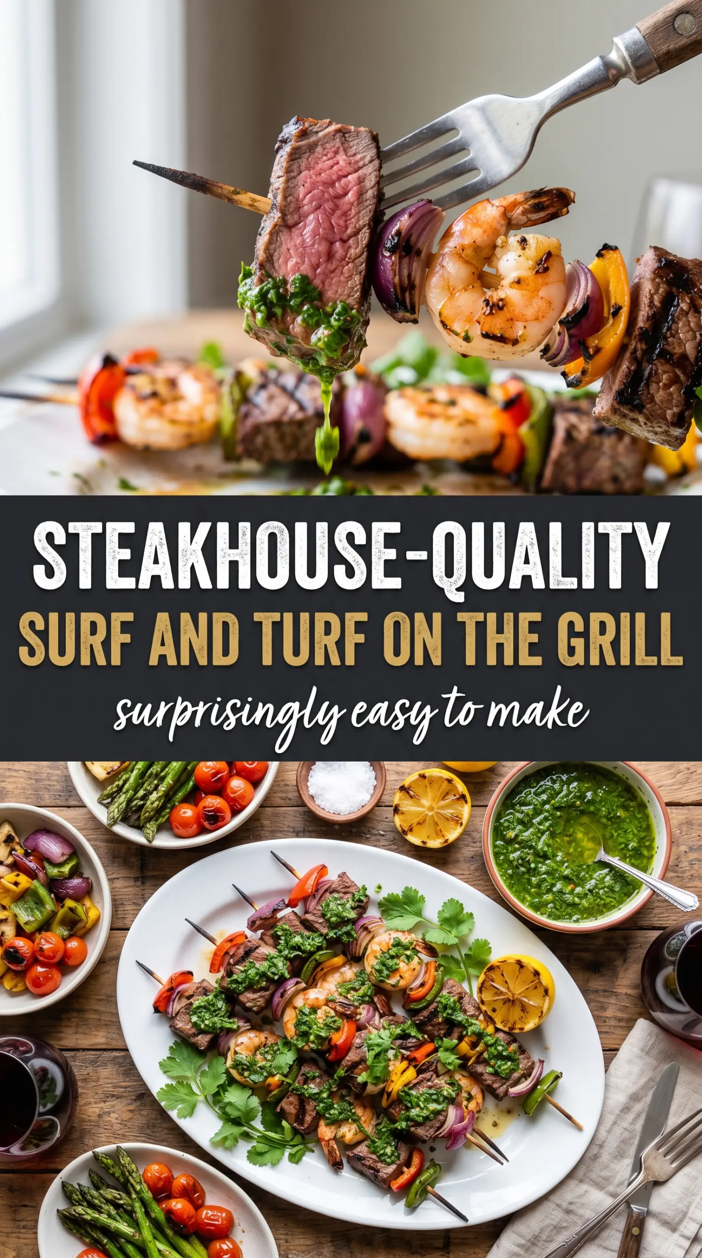 surf and turf kebabs with chimichurri sauce, grilled skewers, bright herbs
