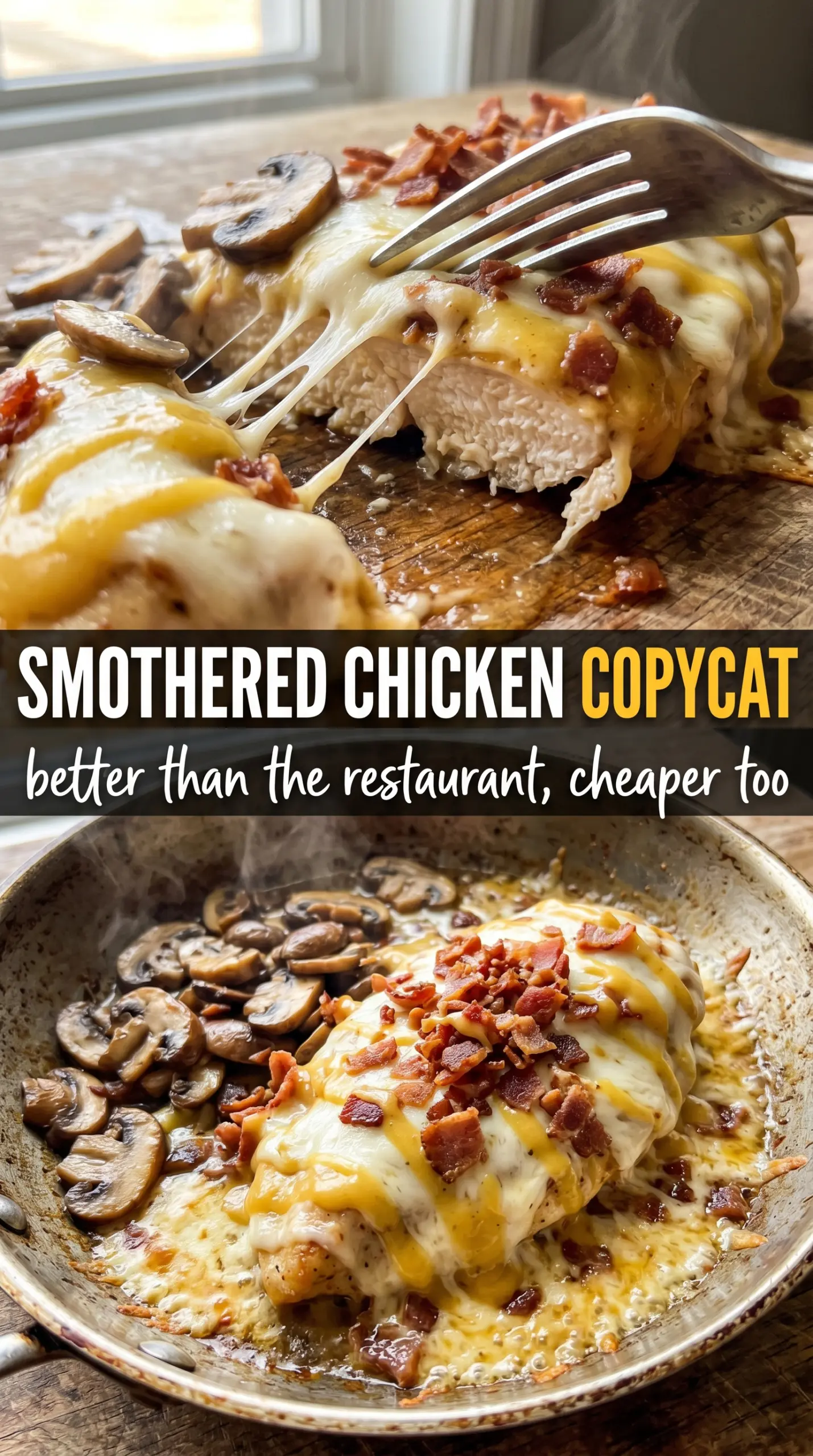 Texas Roadhouse Smothered Chicken Copycat golden cheesy mushrooms