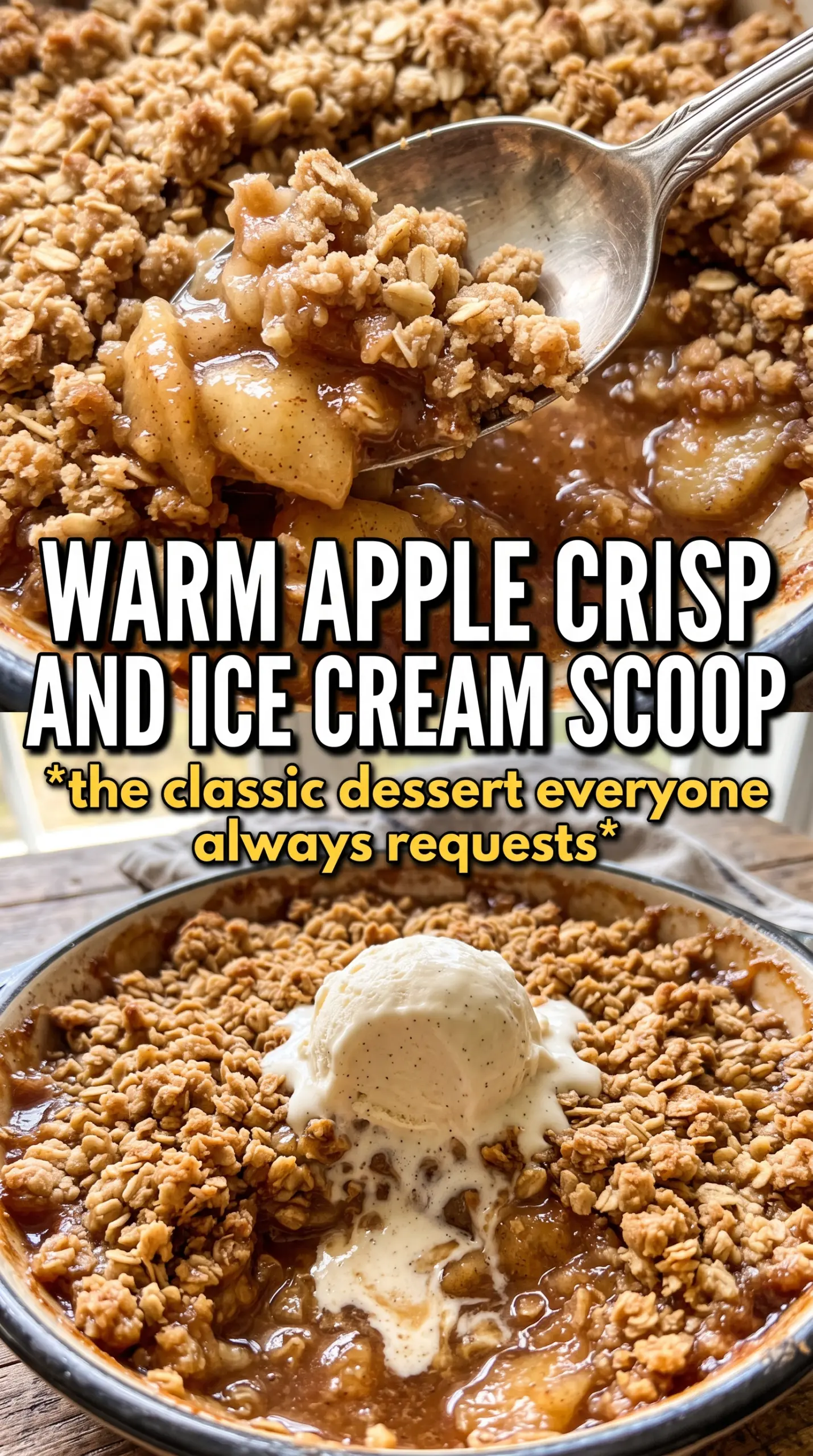 Apple Crisp golden oat crumble, cinnamon apples, bubbling dessert
