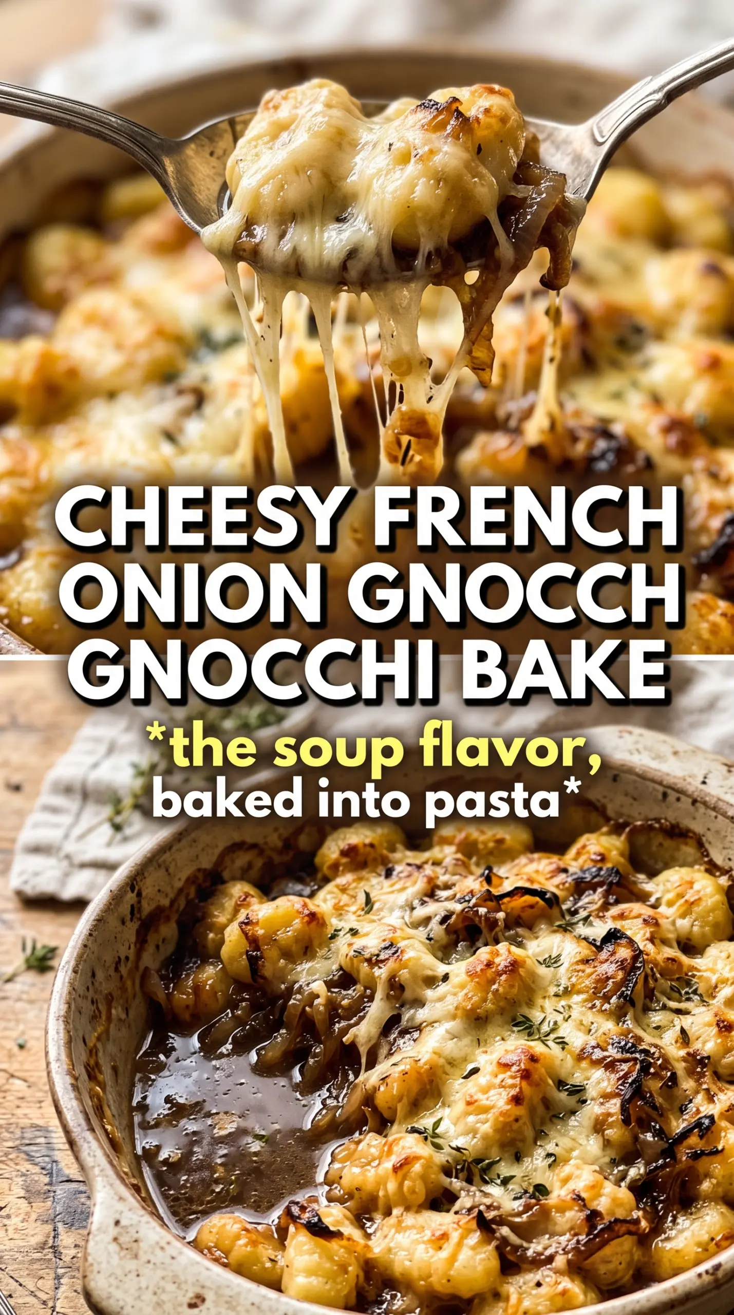 Baked French onion gnocchi golden Gruyere caramelized onions