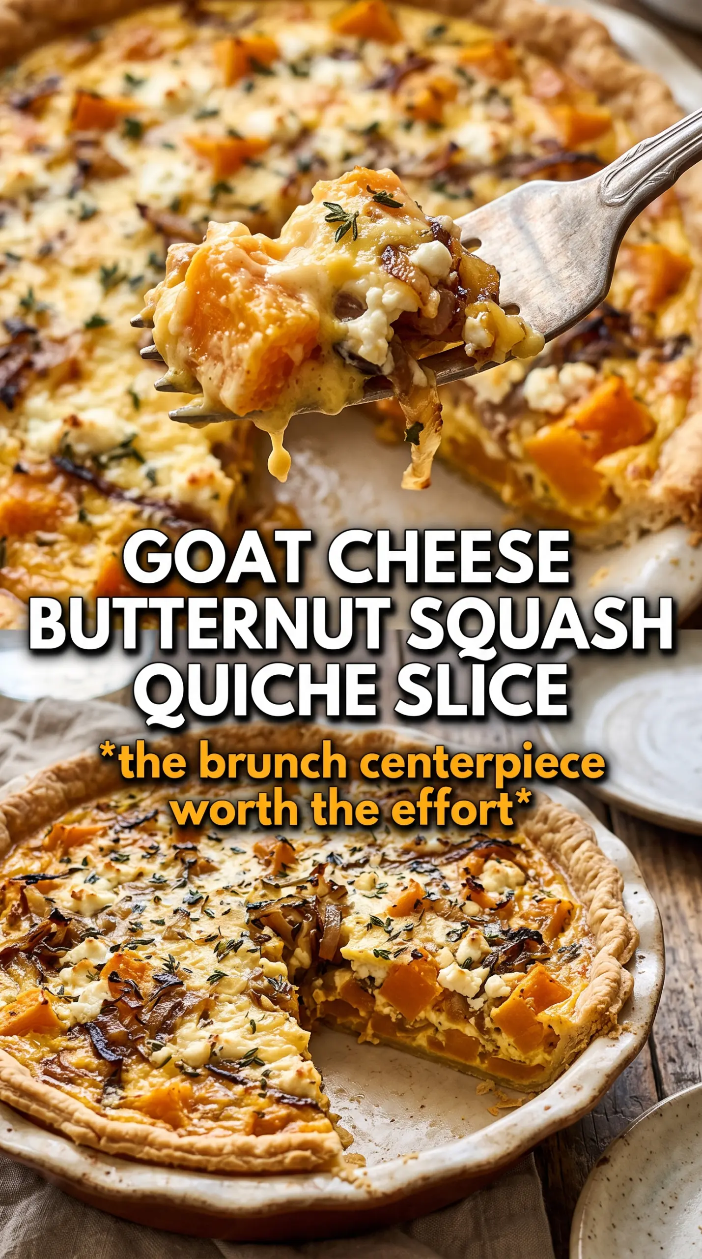 Butternut squash goat cheese and caramelized onion quiche, golden custard, thyme