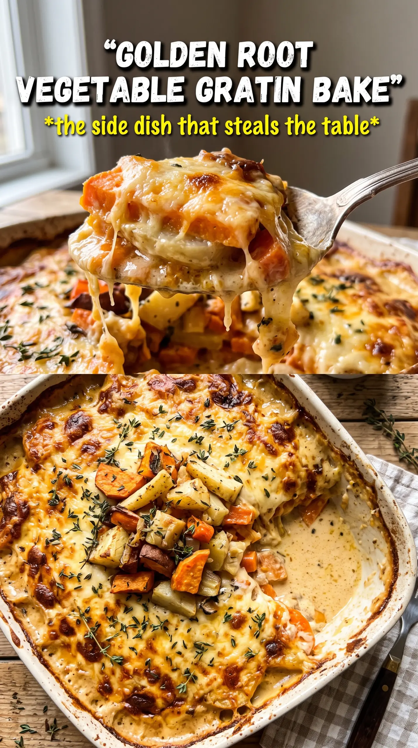 Cheesy Root Vegetable Gratin golden bubbling layers