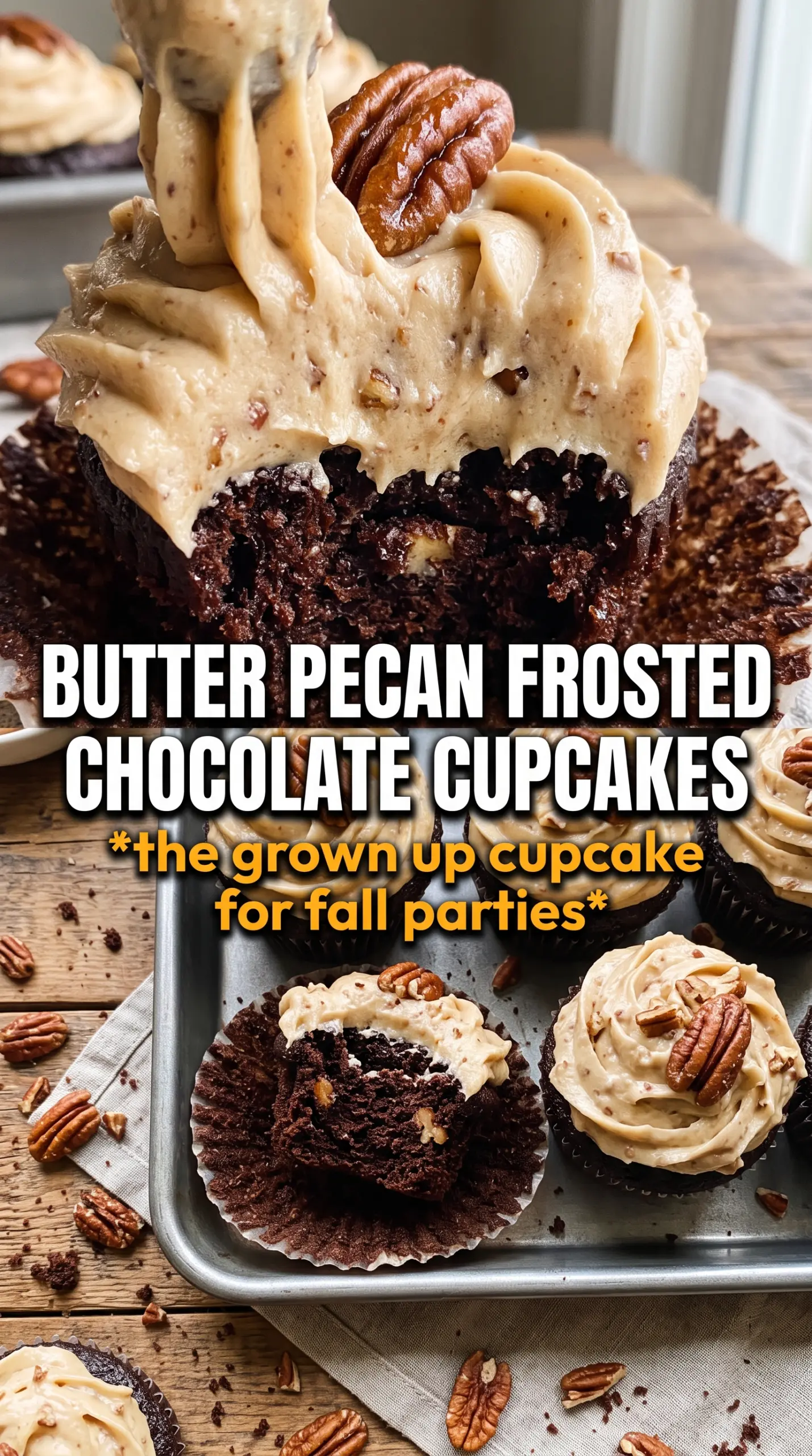 Chocolate Bourbon Pecan Pie Cupcakes With Butter Pecan Frosting chocolate, pecan, buttery