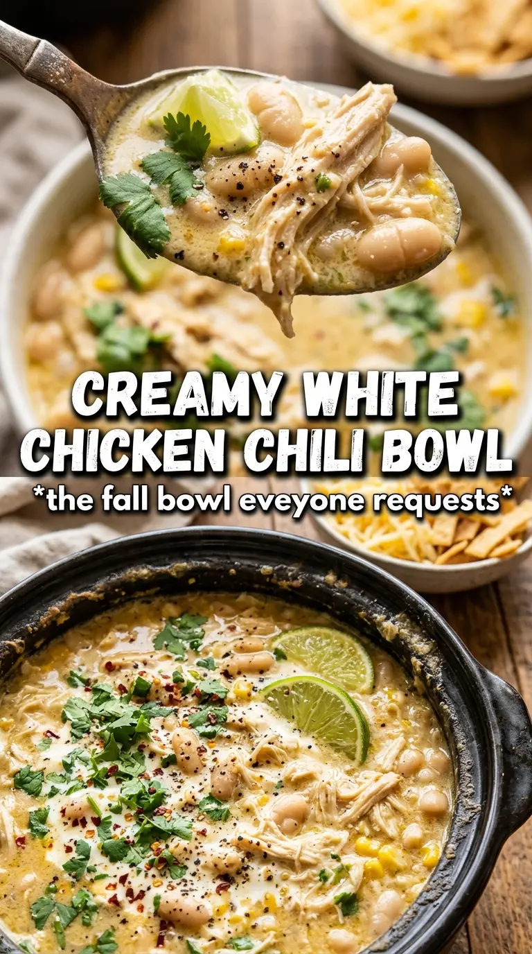 White Chicken Chili creamy golden broth, shredded chicken, beans