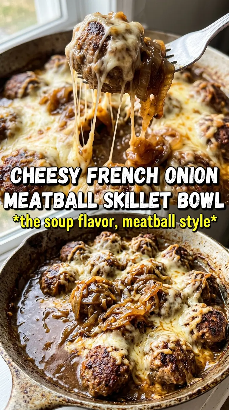 French Onion Meatball Skillet with caramelized onions, Gruyere, and thyme