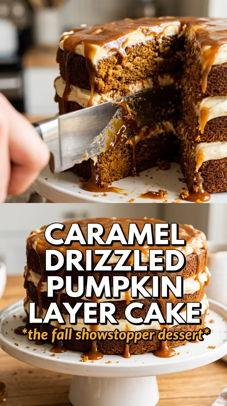 Pumpkin Cake With Caramel Cream Cheese Frosting, spiced layers, caramel drizzle